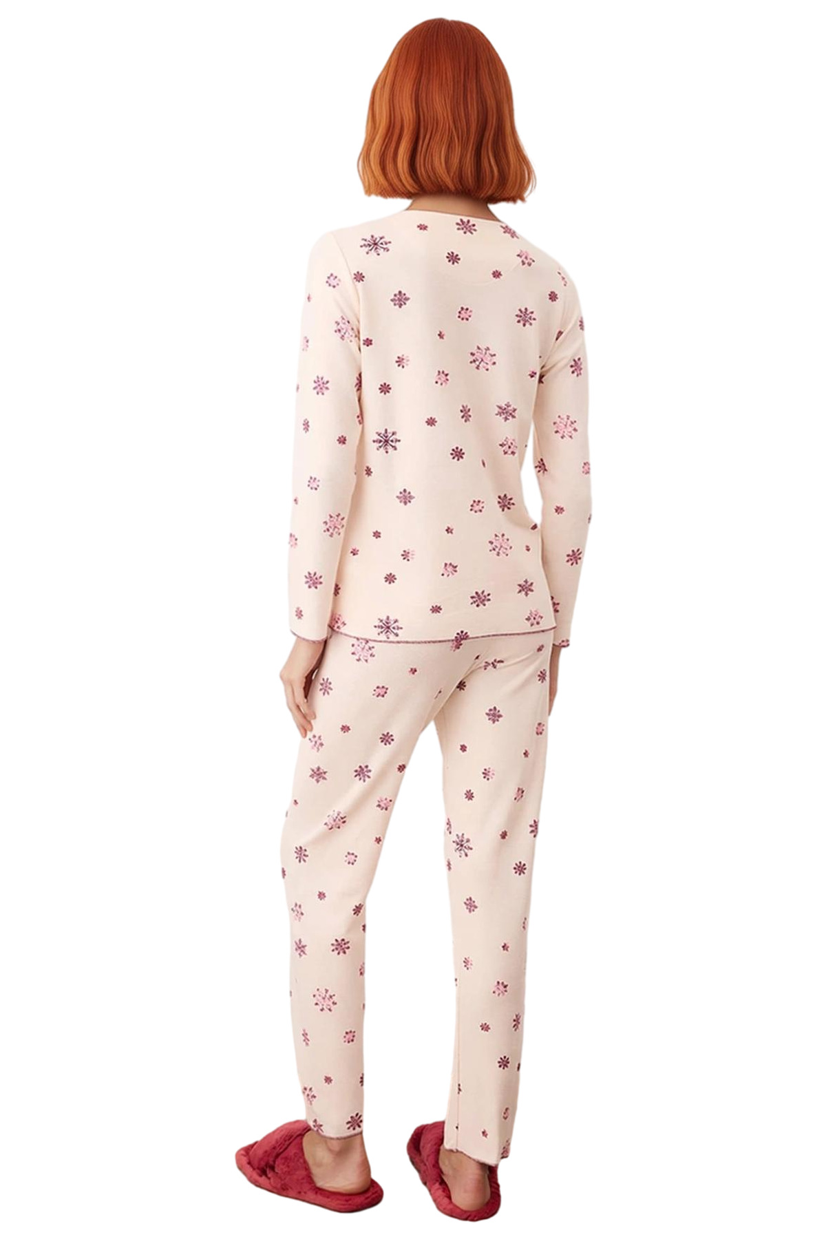 Kadın Pudra Kar Tanesi Desenli Waffle Pijama Takımı Fonksiyonel Dayanıklı Kaliteli Estetik
