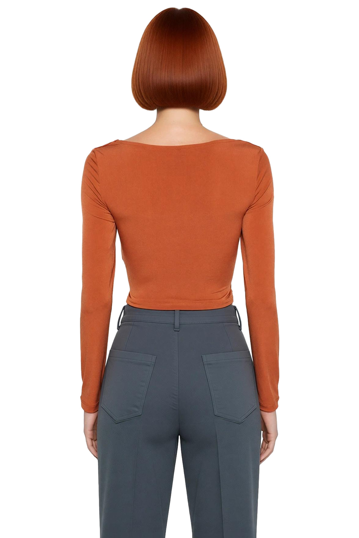Kadın Kahverengi Kalp Yaka Pencere Detaylı Uzun Kollu Fitted Crop Örme Bluz Şık Gece Kombinleri İçin