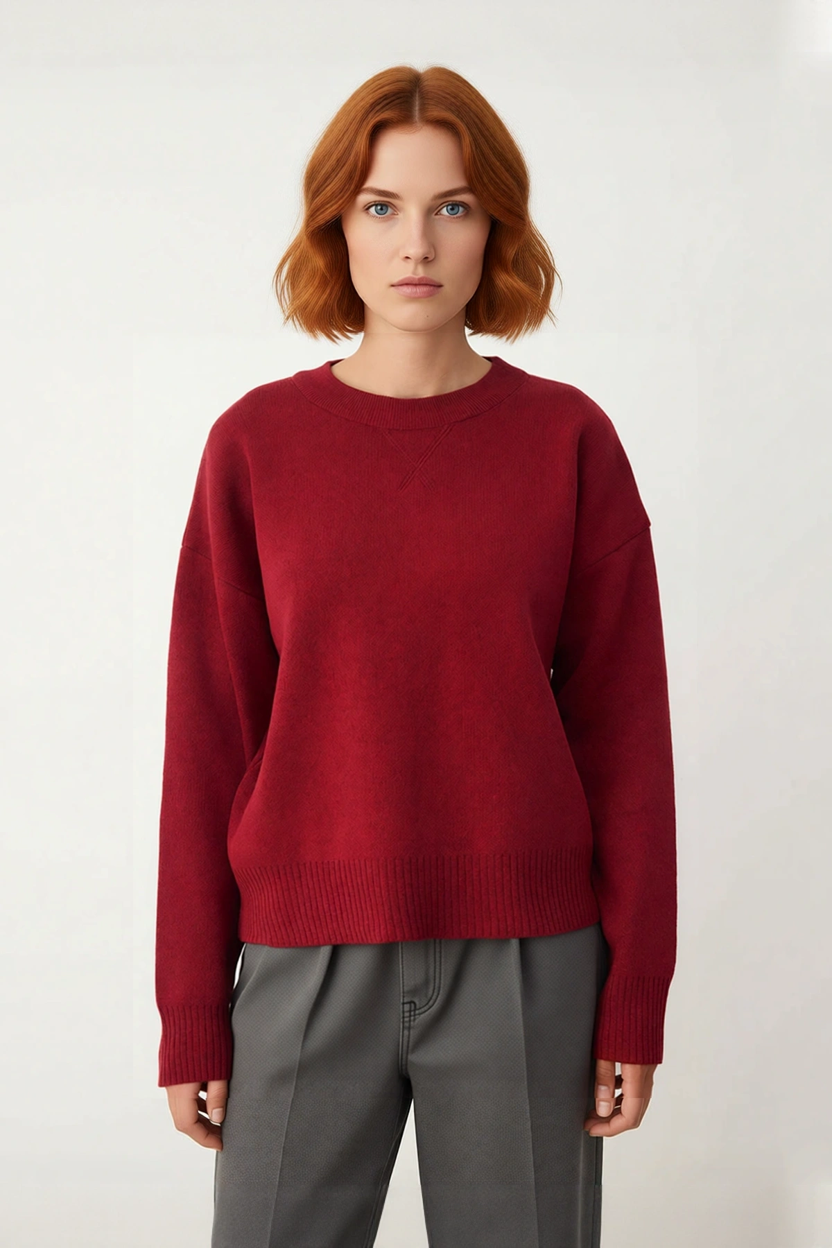 Kadın Oversize Basic Triko Bisiklet Yaka Uzun Düşük Kol Kırmızı Kışlık Günlük Şık Kazak Kaliteli