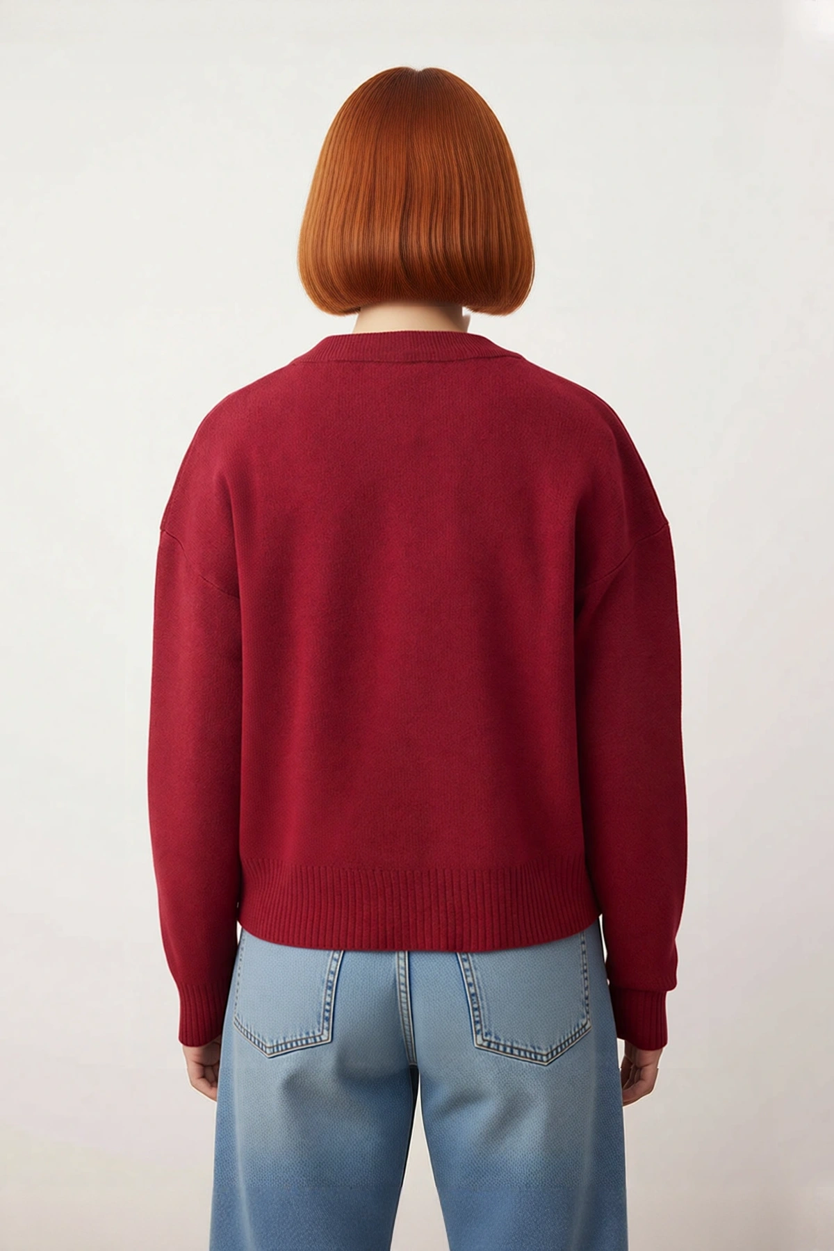 Kadın Oversize Basic Triko Bisiklet Yaka Uzun Düşük Kol Kırmızı Kışlık Günlük Şık Kazak Kaliteli