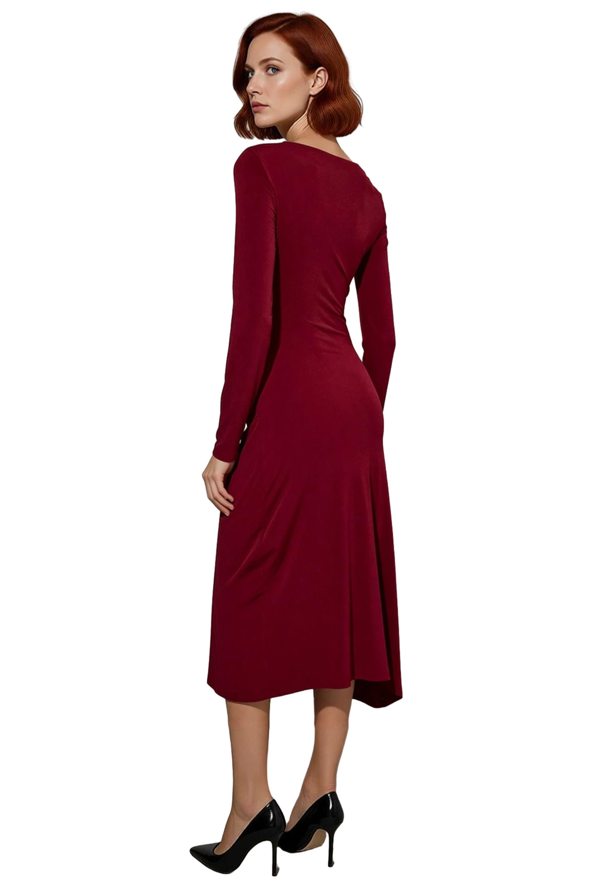 Kadın Bodycon Kalıp Midi Boy Asimetrik Yaka Düz Desen Uzun Kol Örme Elbise Şık ve Rahat Kışlık Seçim