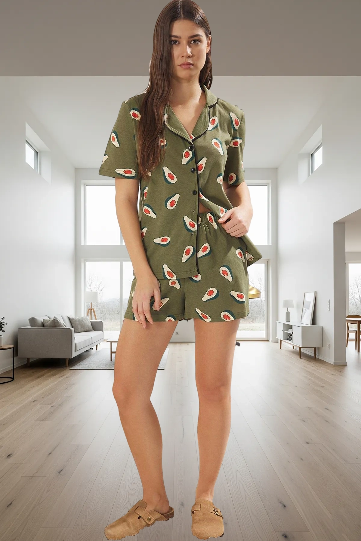 Kadın Avokado Desenli Pamuklu Pijama Takımı Konforlu Kesim Dayanıklı Malzeme Yüksek Kalite