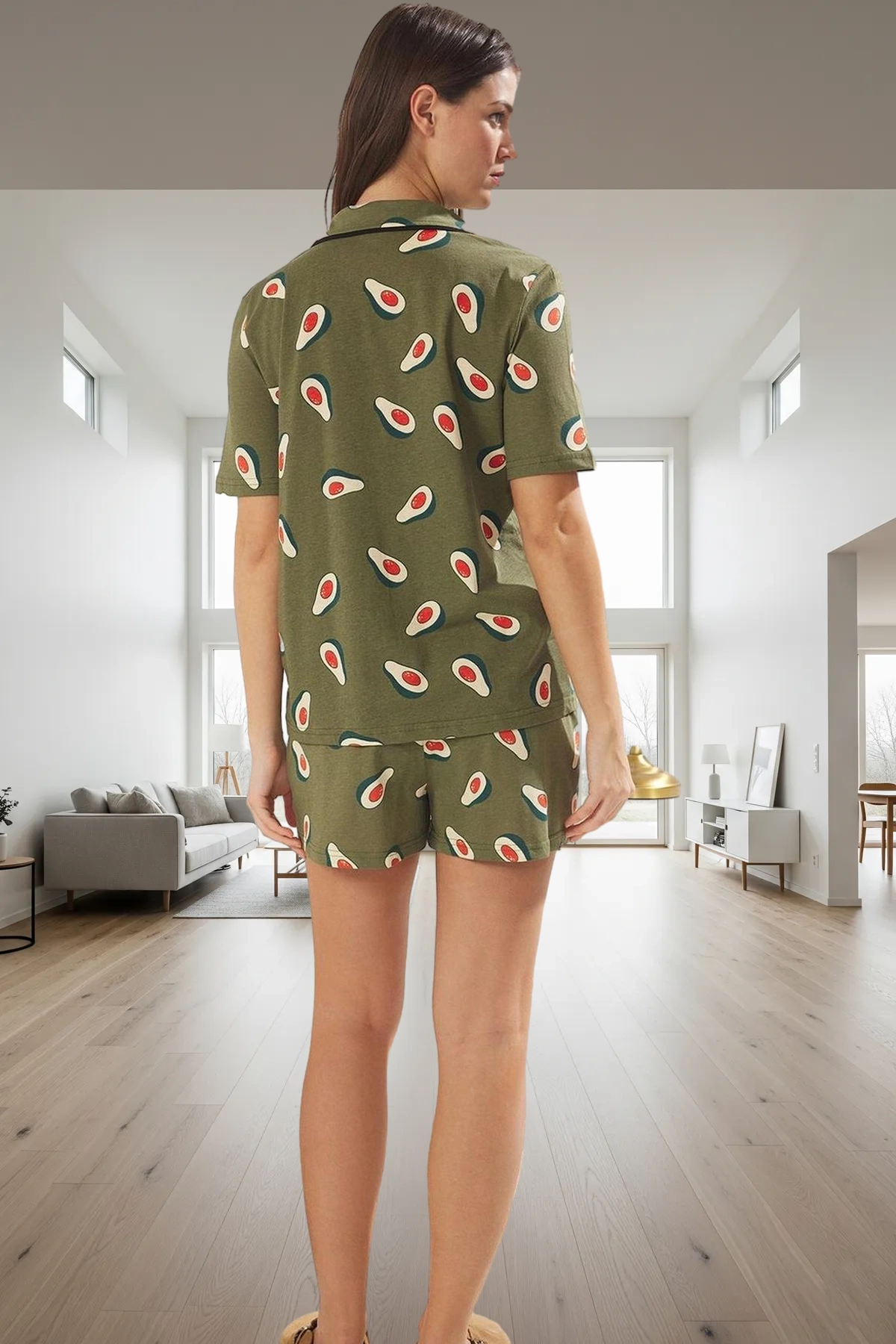 Kadın Avokado Desenli Pamuklu Pijama Takımı Konforlu Kesim Dayanıklı Malzeme Yüksek Kalite