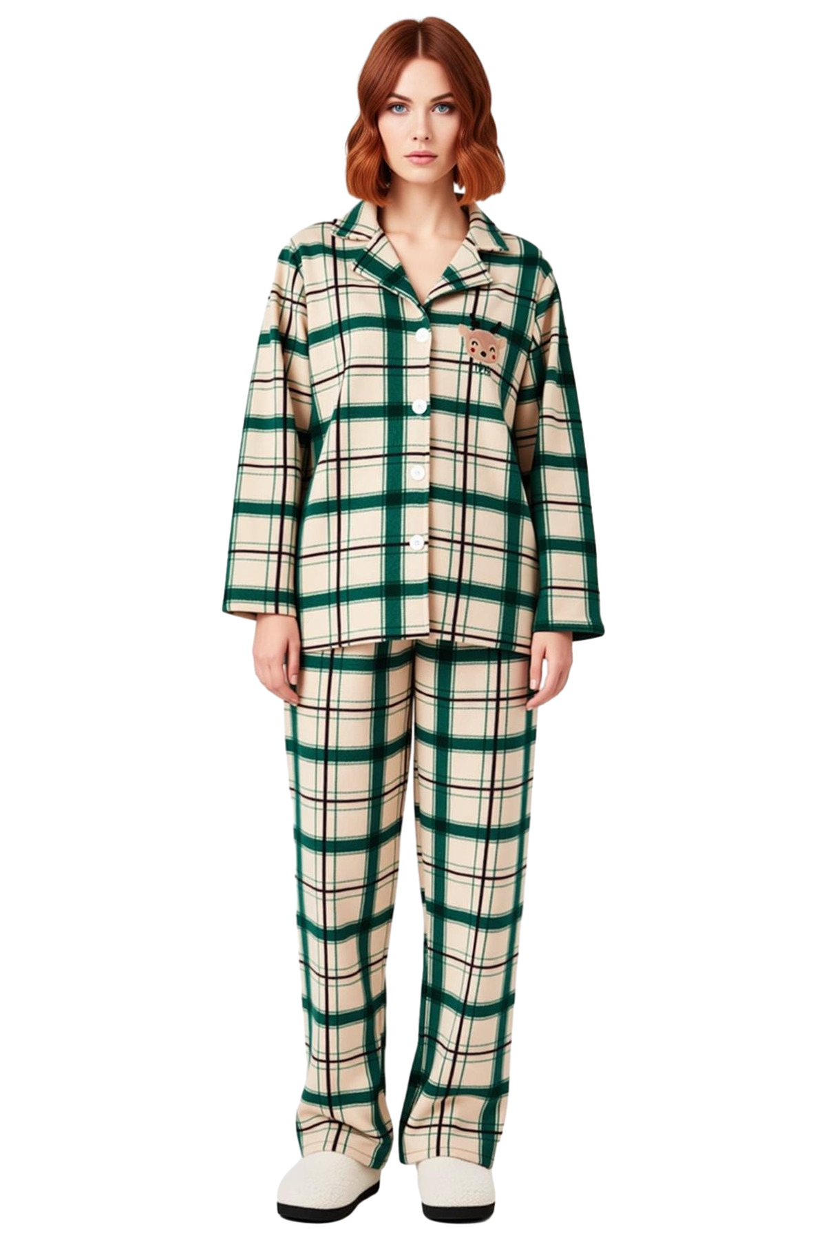 Kadın Ekose Polar Pijama Takımı Nakışlı Gömlek Yaka Fonksiyonel Dayanıklı Kaliteli Estetik