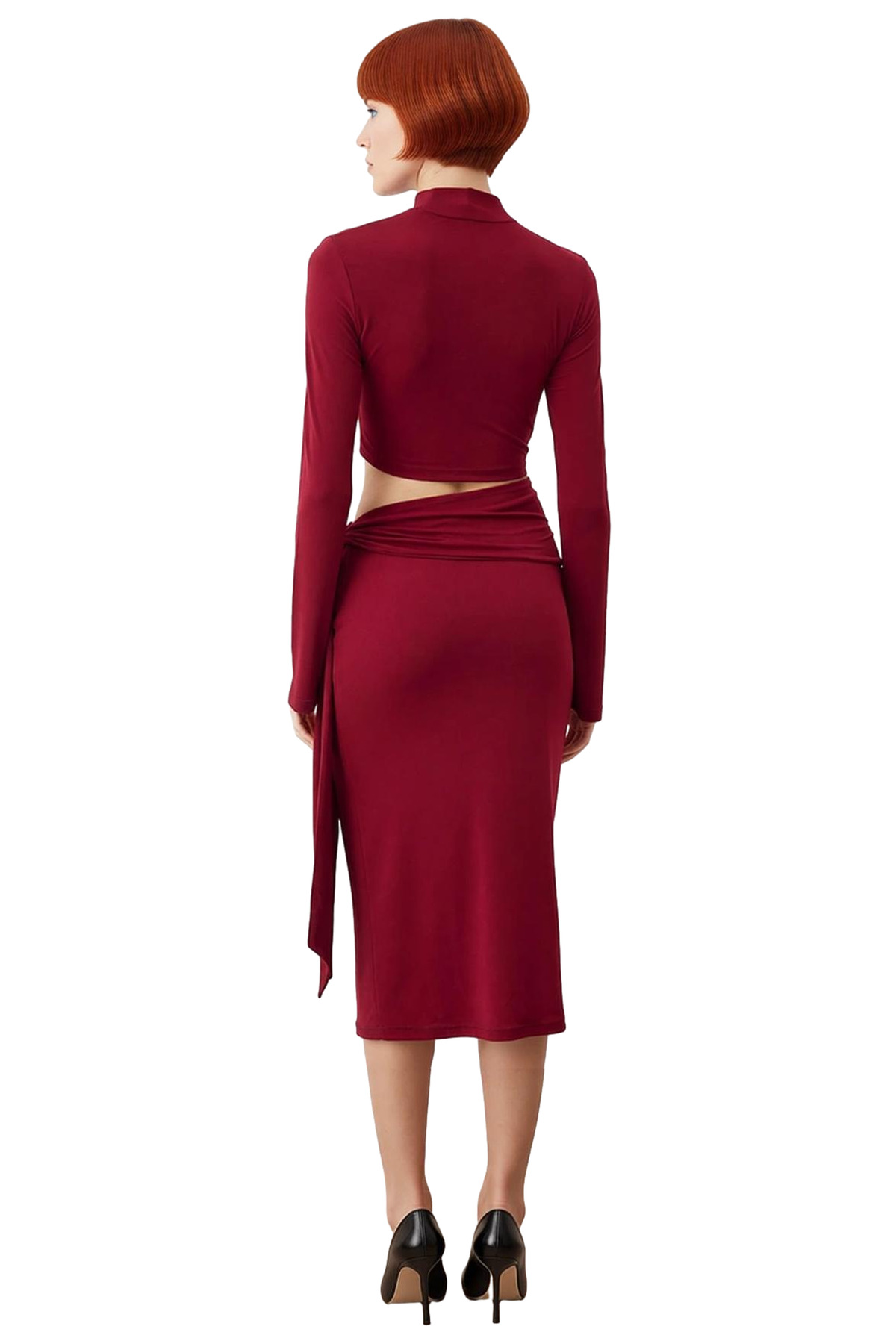 Kadın Bordo Düz Bodycon Cut Outlı Midi Örme Elbise Dik Yaka Uzun Kollu Şık Kışlık Model Kaliteli