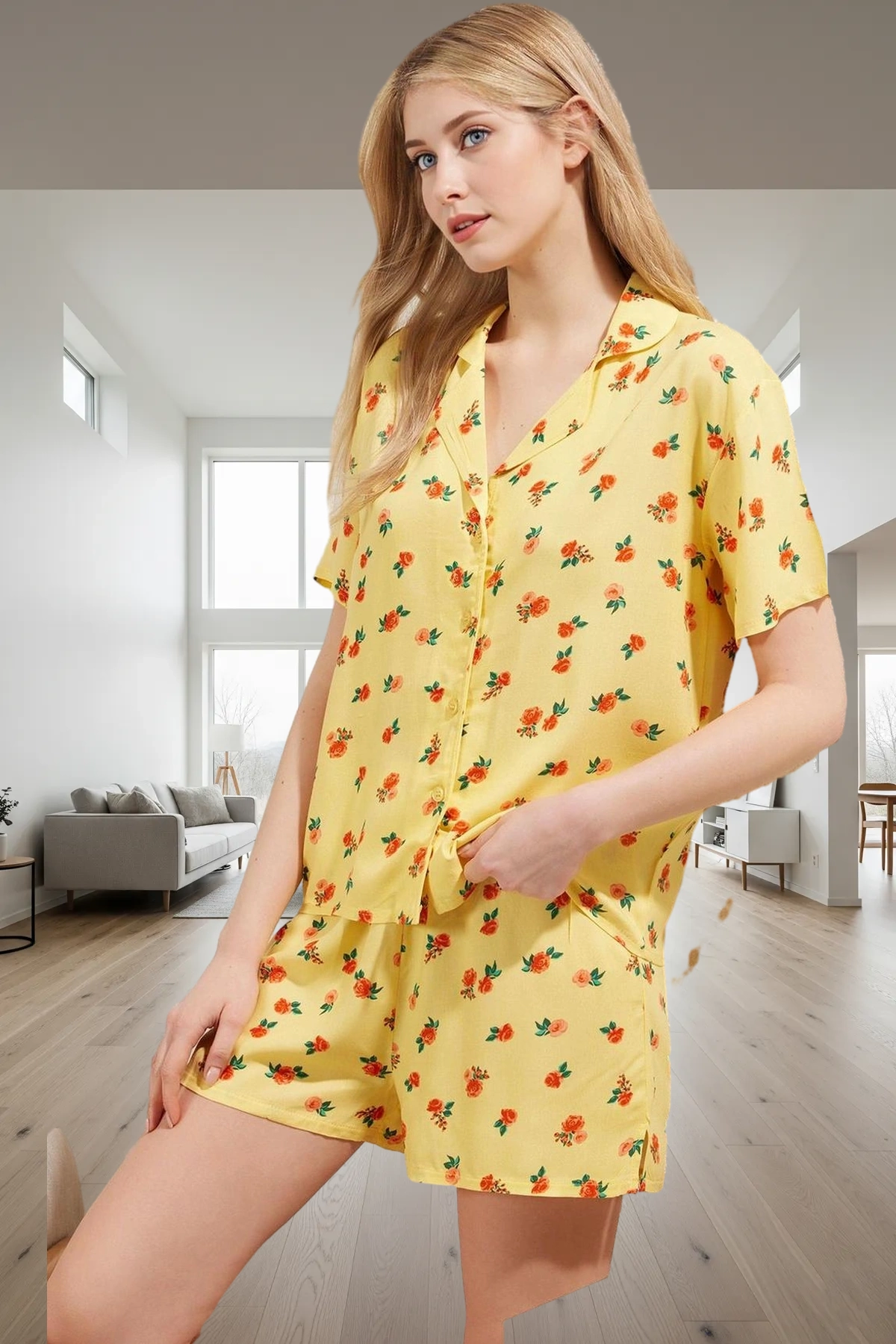 Kadın Çiçekli Viskon Pijama Takımı Kısa Kollu Gömlek ve Şort Yazlık Rahat Uyku Seti Uzun Ömürlü