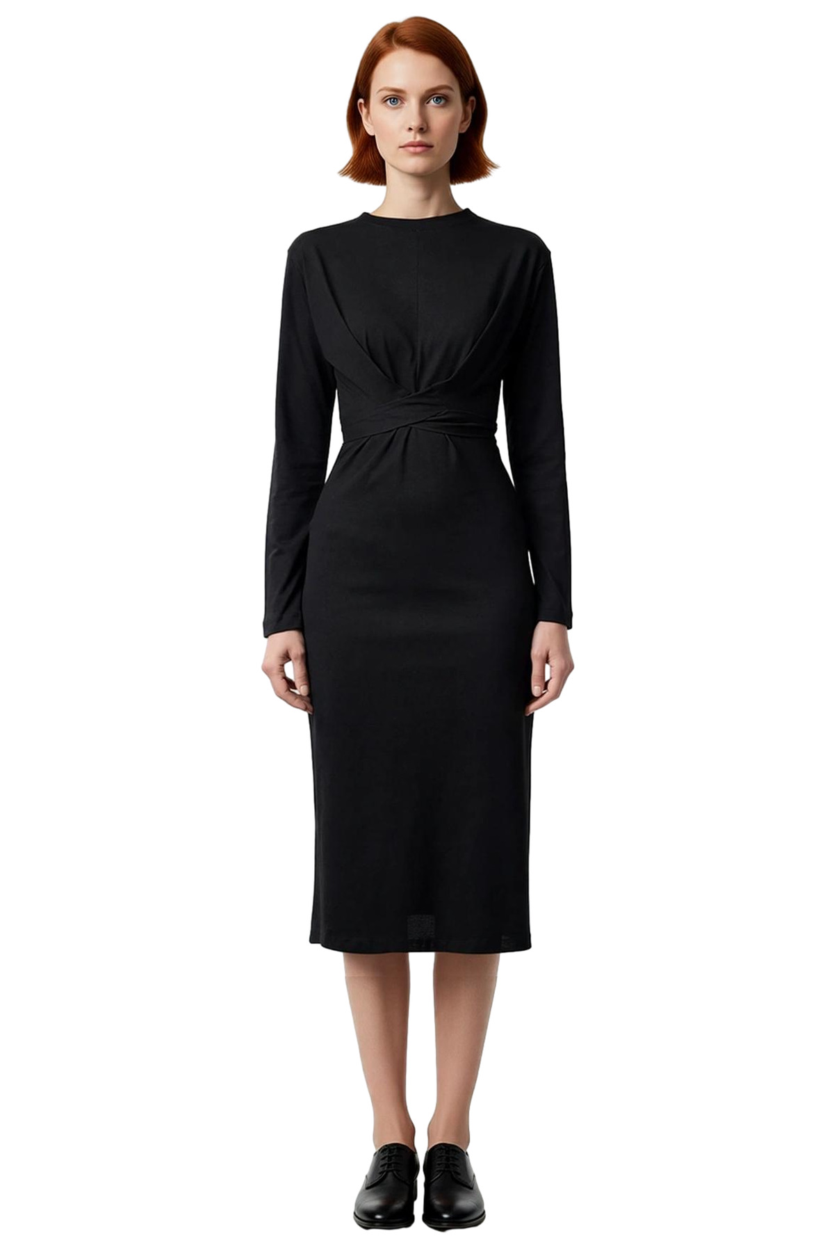 Kadın %100 Pamuk Bodycon Midi Elbise Bağlama Detaylı Bisiklet Yaka Uzun Standart Kol Şıklığı