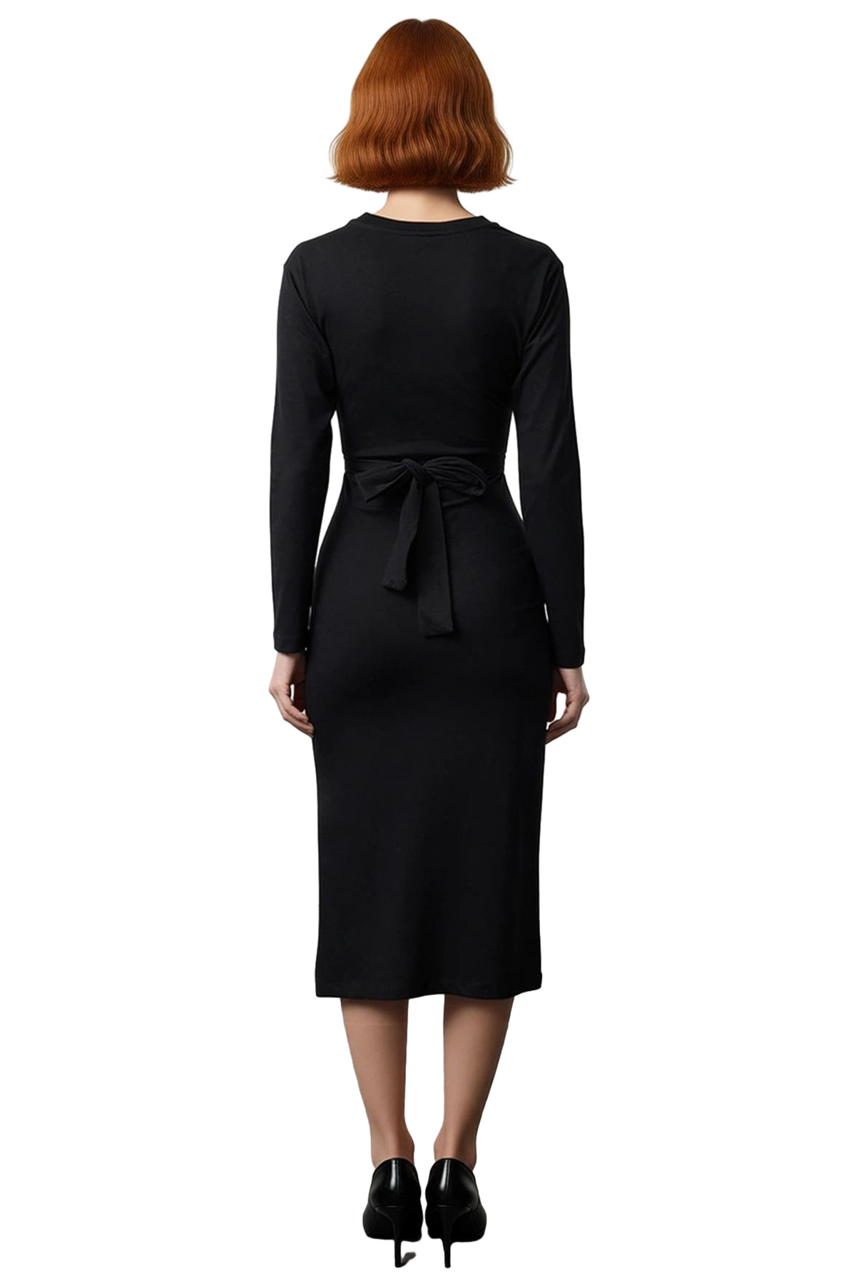 Kadın %100 Pamuk Bodycon Midi Elbise Bağlama Detaylı Bisiklet Yaka Uzun Standart Kol Şıklığı