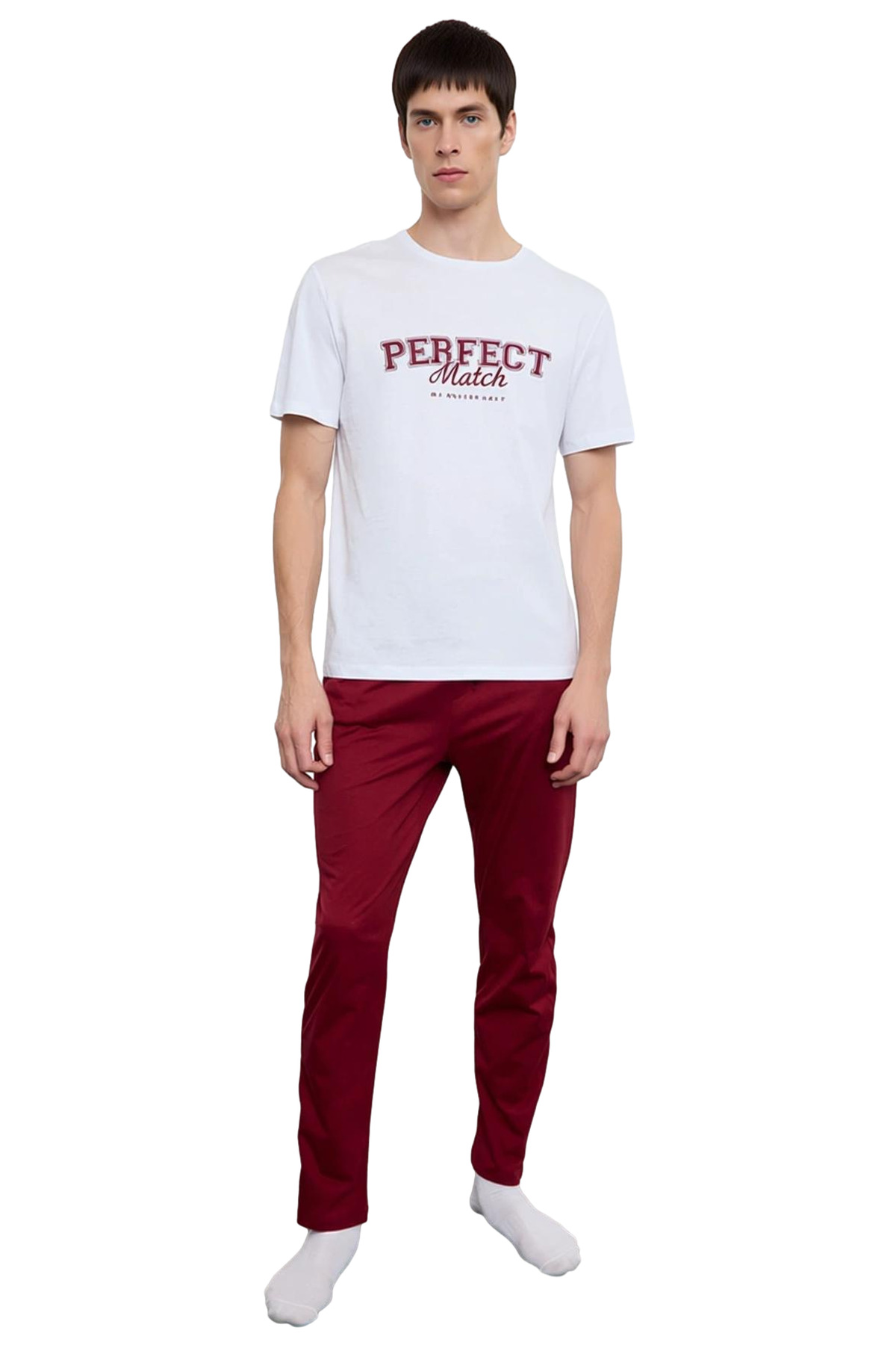 Erkek Slogan Baskılı Bisiklet Yaka Pamuklu Pijama Takımı Fonksiyonel Dayanıklı Kaliteli Şık