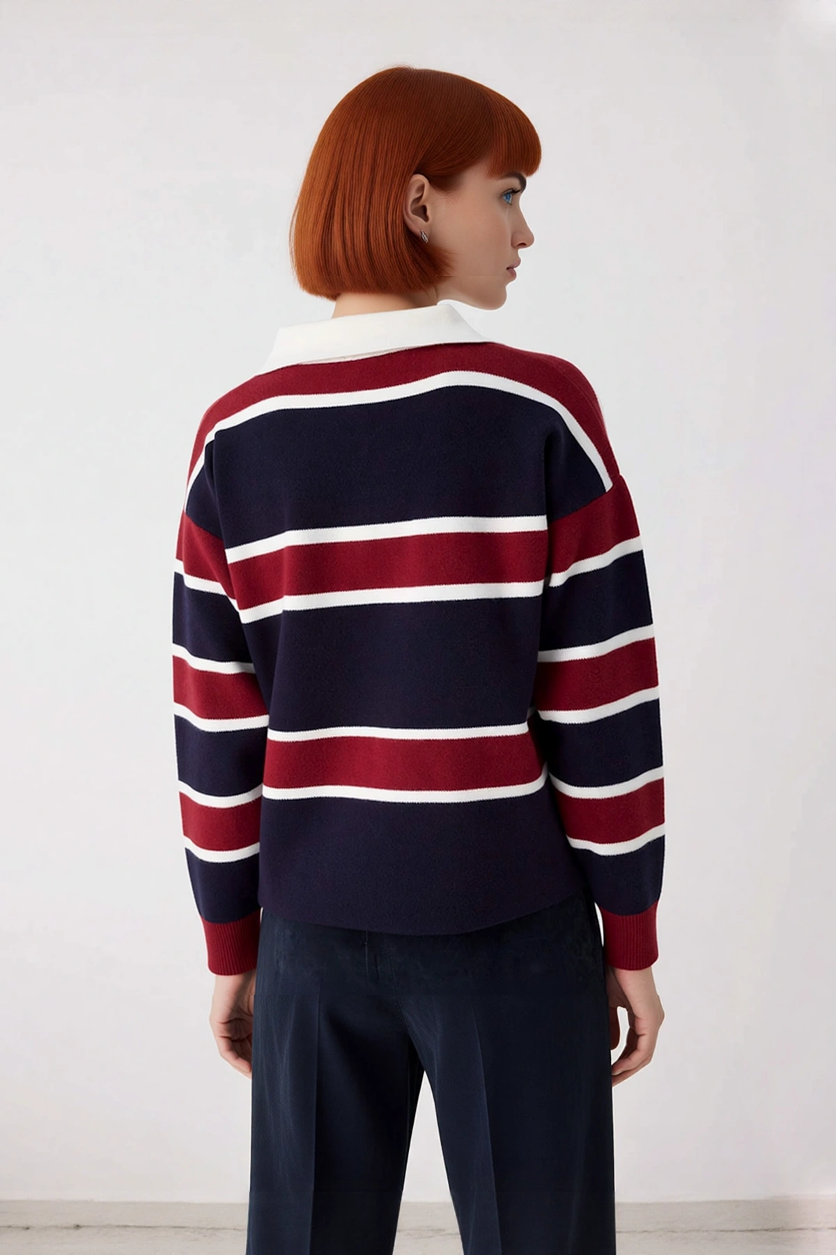 Kadın Oversize Polo Yaka Triko Kazak Renk Bloklu Düşük Kol Rahat Gündelik Kışlık Şıklık Sunar