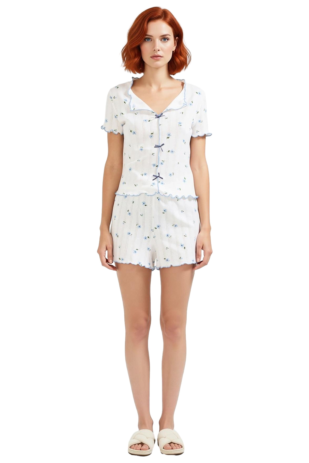 Kadın Yazlık %100 Pamuklu Çiçekli Pijama Takımı Seçkin Malzeme Modern Stil Şık Görünüm Özel Tasarım