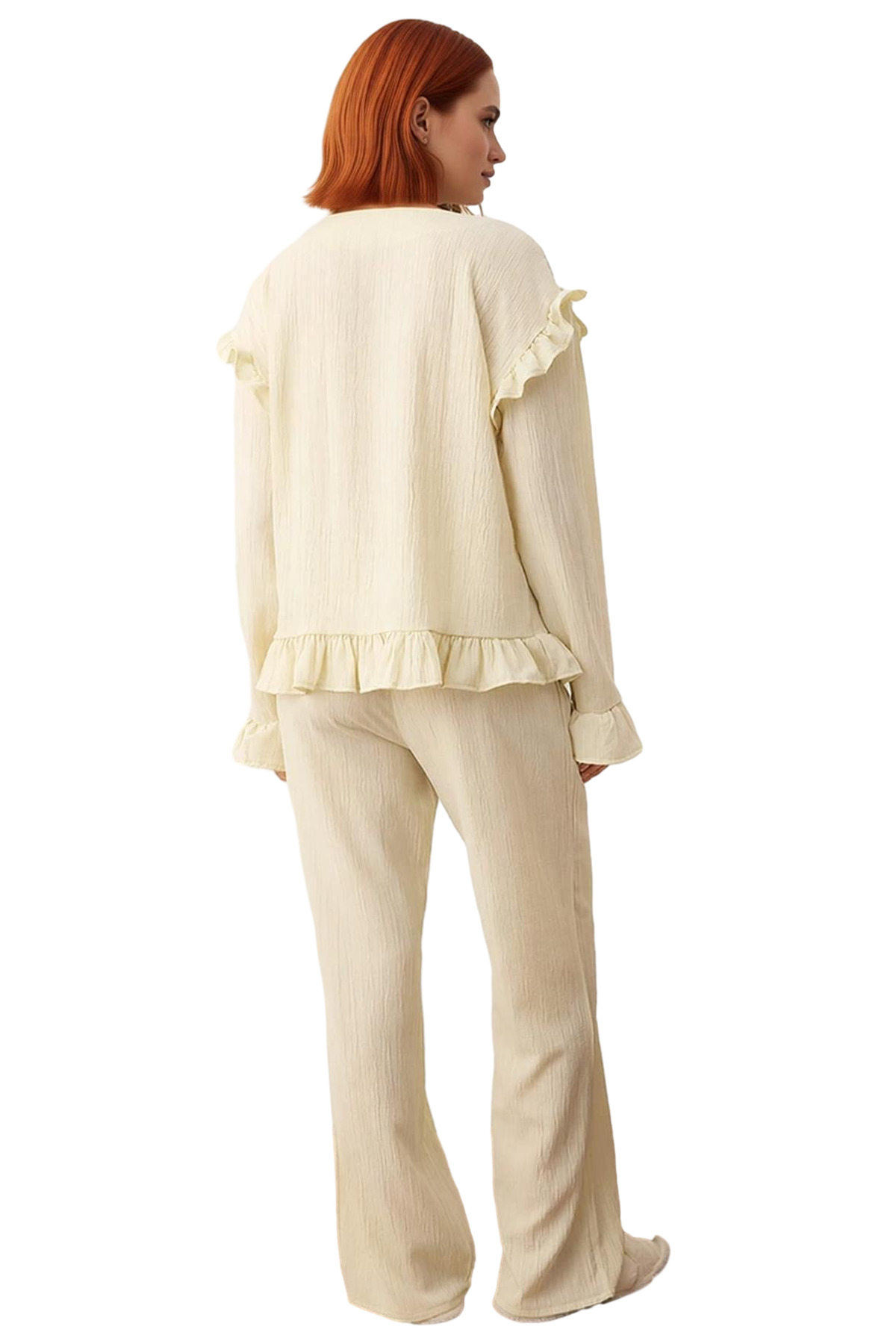 Kadın Fırfırlı Crinkle Dokuma Pijama Takımı Fonksiyonel Dayanıklı Kaliteli Konforlu Modern