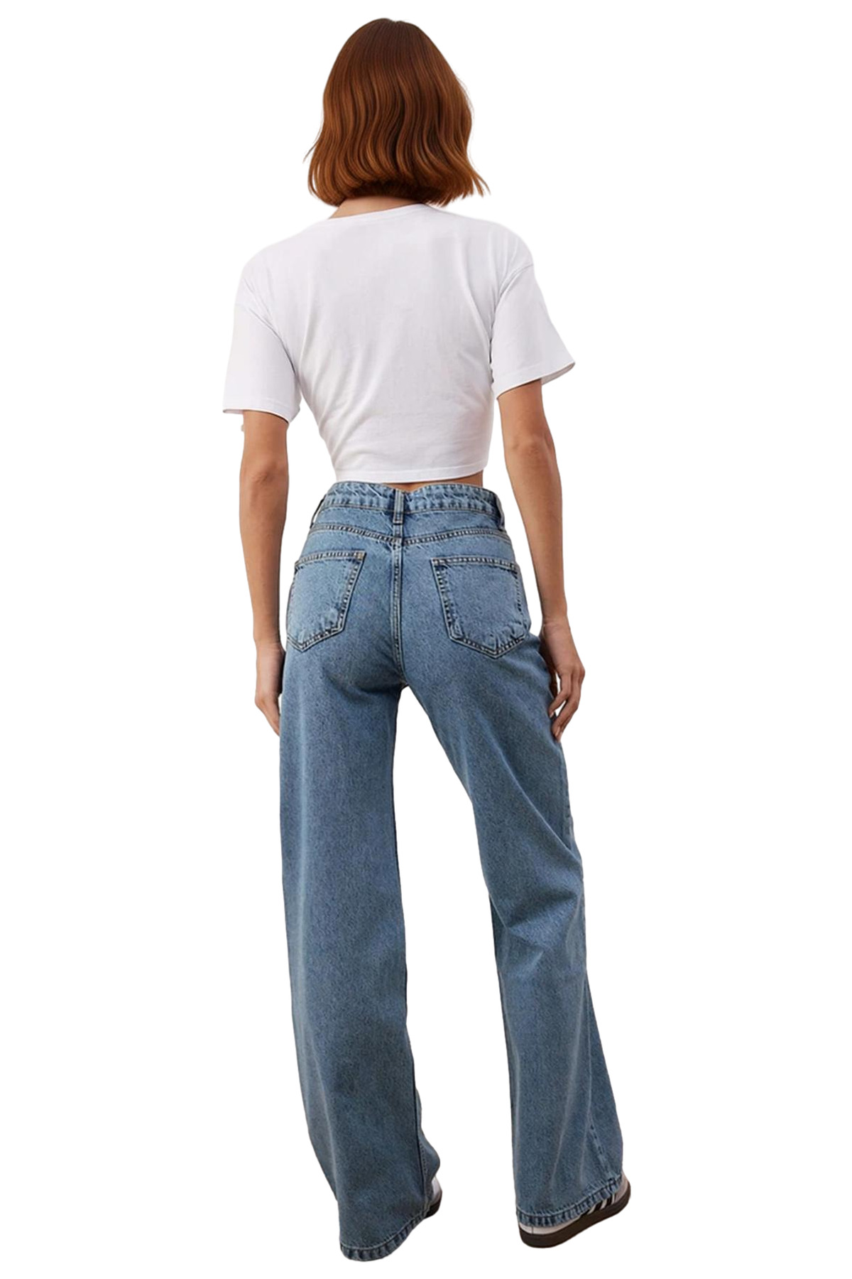 Kadın Yüksek Bel Geniş Paça Denim Pantolon Fonksiyonel Dayanıklı Kaliteli Konforlu Estetik
