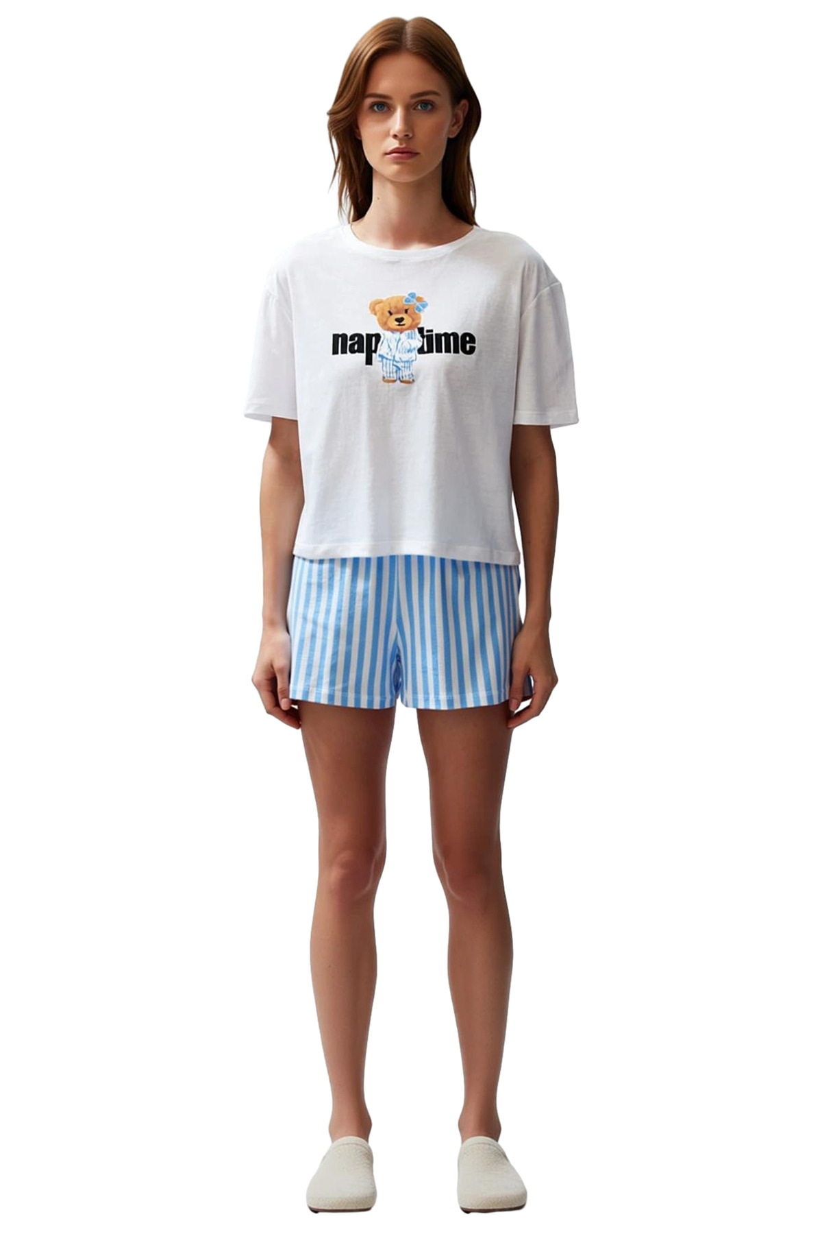 Kadın Yazlık Kısa Kollu Pamuklu Pijama Takımı Regular Kalıp Çizgili Desen Özel Tasarım Mükemmel Uyum