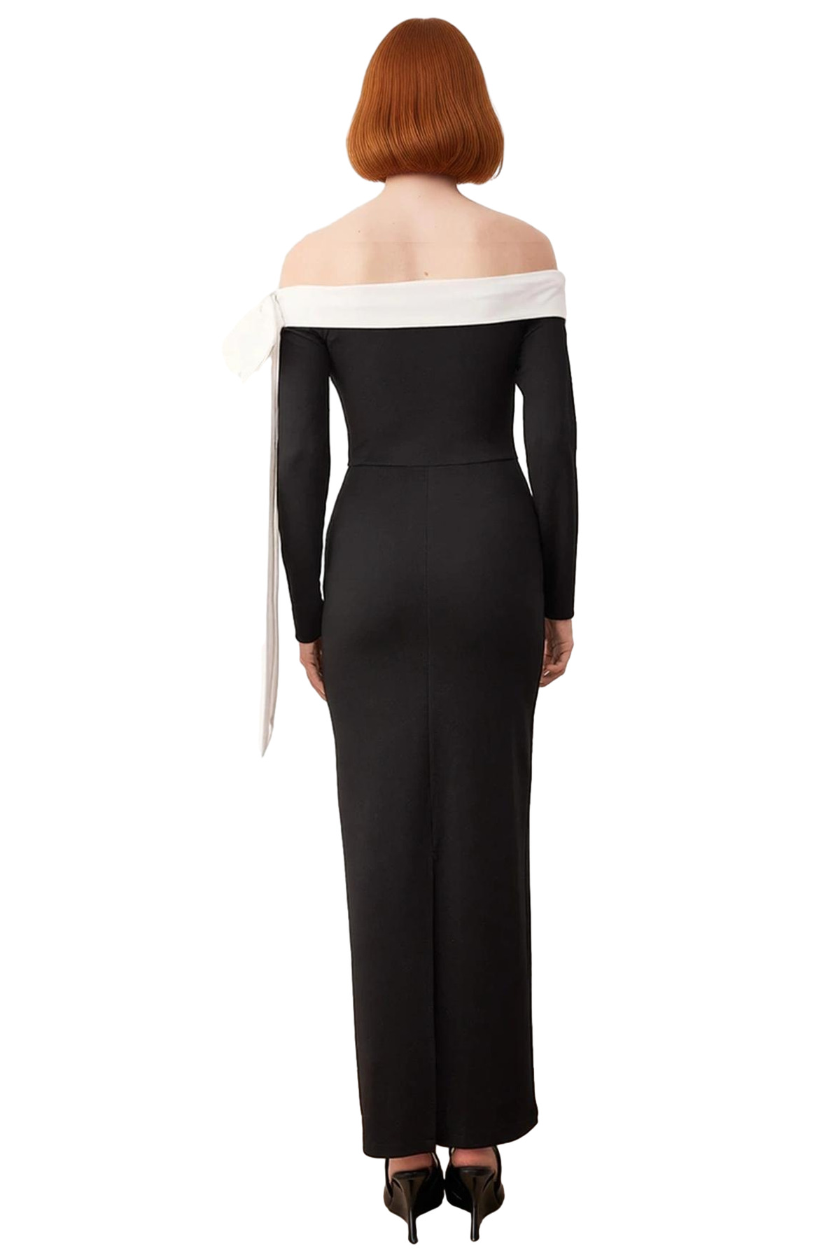 Kadın Carmen Yaka Bodycon Maxi Elbise Scuba Krep Kumaş Uzun Kollu Fiyonk Detaylı Gece Şıklığı
