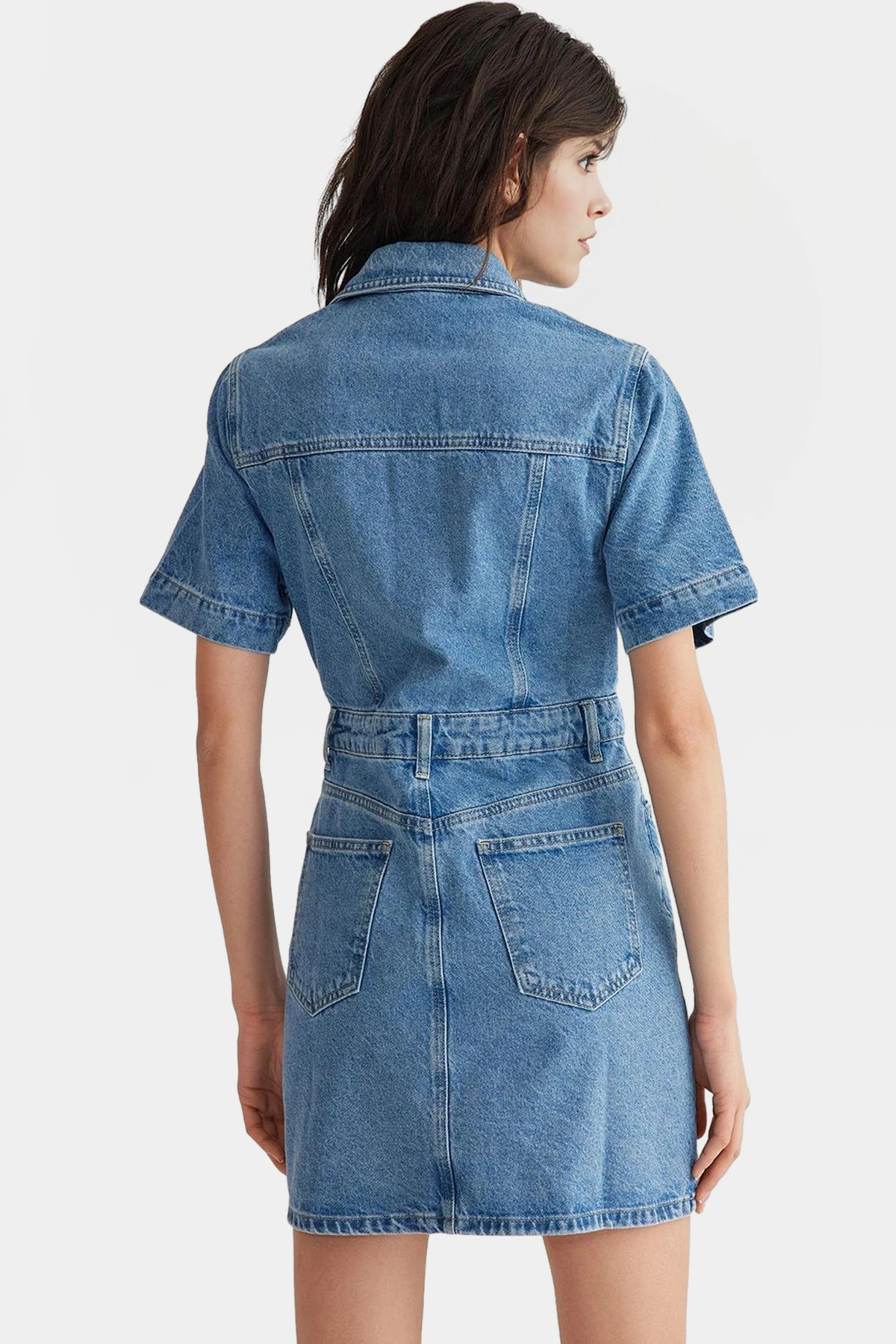 Kadın Denim Gömlek Elbise Kısa Kollu Midi Boy Pamuk Casual Günlük Yaz Aylarının Vazgeçilmezi