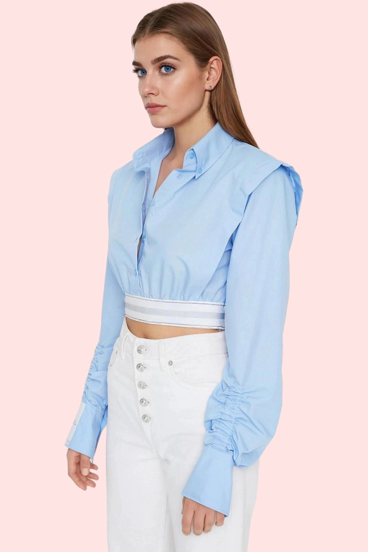 Kadın Crop Gömlek Basic Siluet Poplin Dokuma Düz Desenli Günlük Kullanım Dayanıklı Malzeme