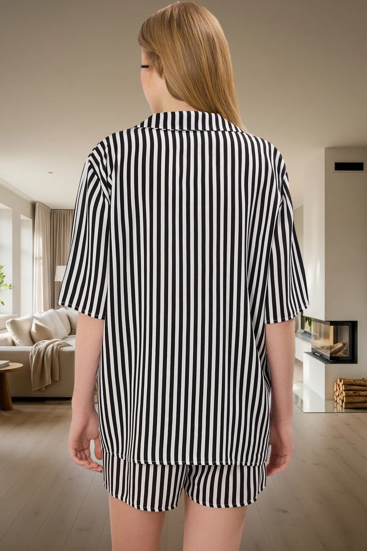 Kadın Şık Çizgili Viskon Pijama Takımı Rahat Ev Giyim Seti Görünüm Konforlu Kesim