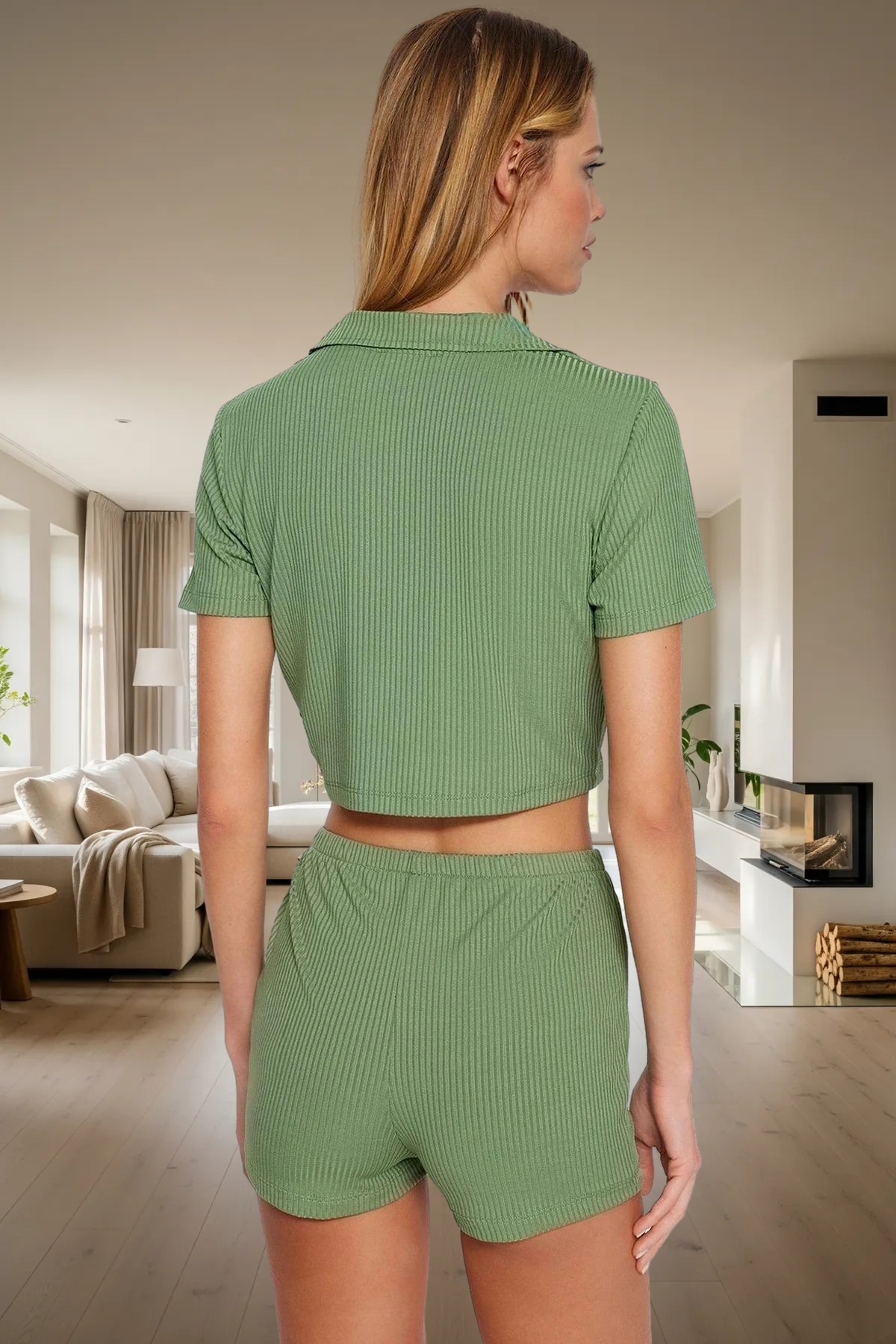 Kadın Fitilli Crop Şortlu Pijama Takımı Yazlık Regular Kalıp Trend Tasarım Seçkin Malzeme