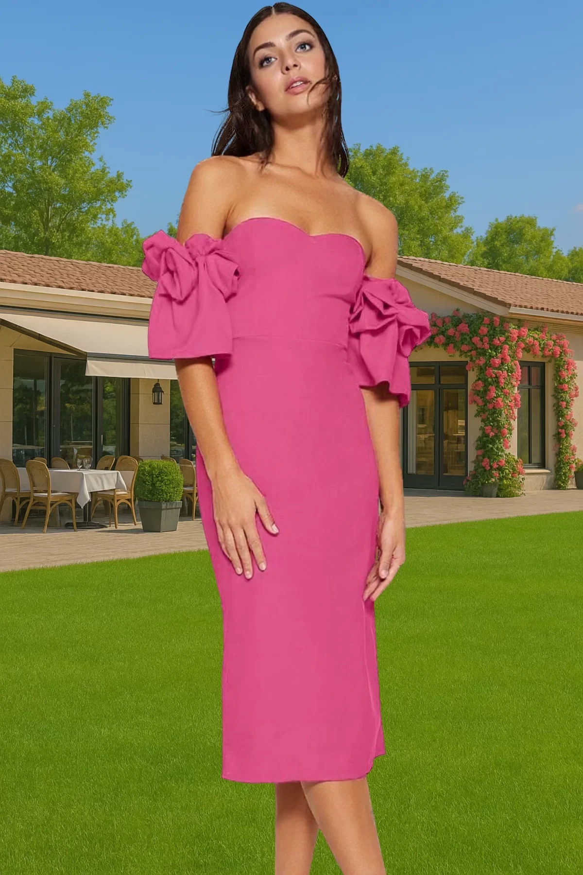 Kadın Midi Boy Bodycon Abiye Elbise Kalp Yaka Kısa Kollu Yazlık Özel Günler Günlük Kullanım