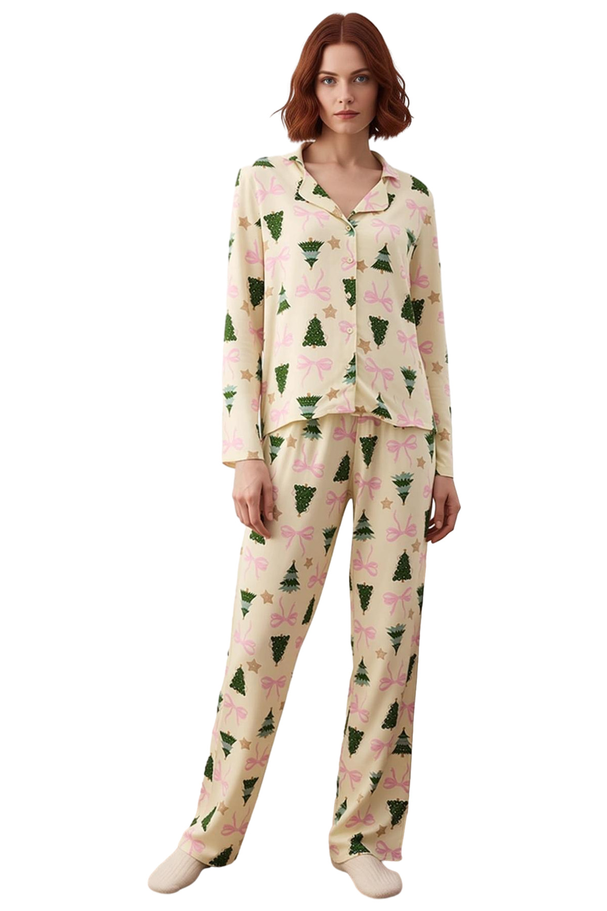 Kadın Yılbaşı Ağaç Desenli Gömlek ve Pantolon Pijama Takımı Fonksiyonel Dayanıklı Kaliteli