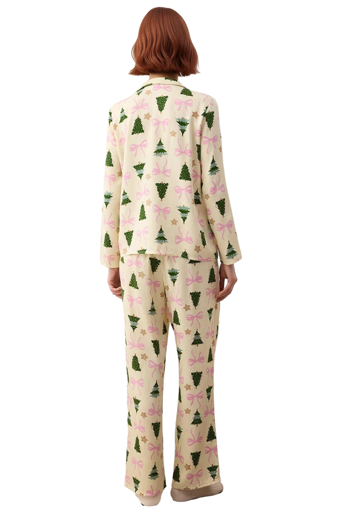 Kadın Yılbaşı Ağaç Desenli Gömlek ve Pantolon Pijama Takımı Fonksiyonel Dayanıklı Kaliteli