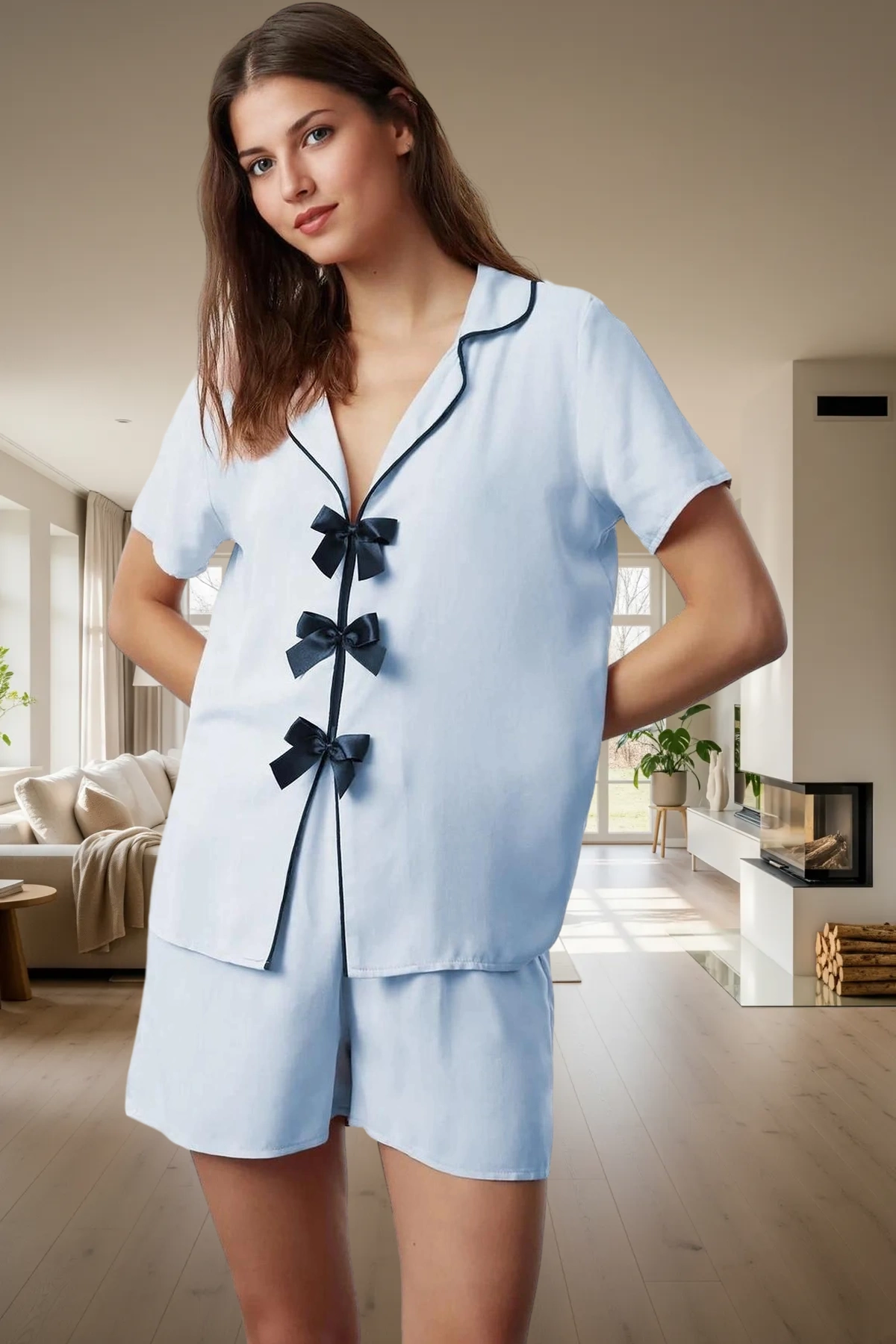 Kadın Viskon Şortlu Pijama Takımı Regular Kalıp Yazlık Özenle Seçilmiş Modern Stil