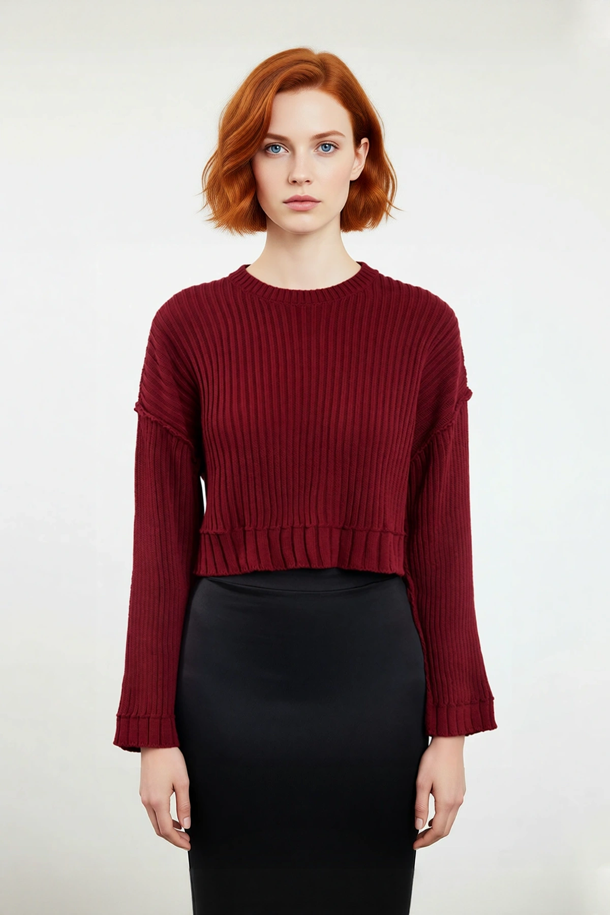 Kadınlar İçin Oversize Crop Bisiklet Yaka Fitilli Uzun Kollu Basic Akrilik Triko Kazak İlkbahar