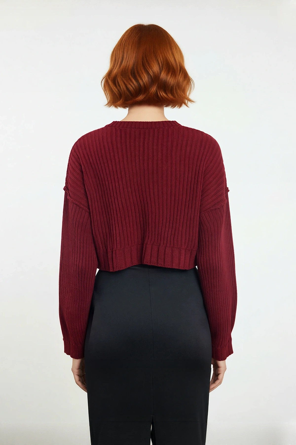 Kadınlar İçin Oversize Crop Bisiklet Yaka Fitilli Uzun Kollu Basic Akrilik Triko Kazak İlkbahar