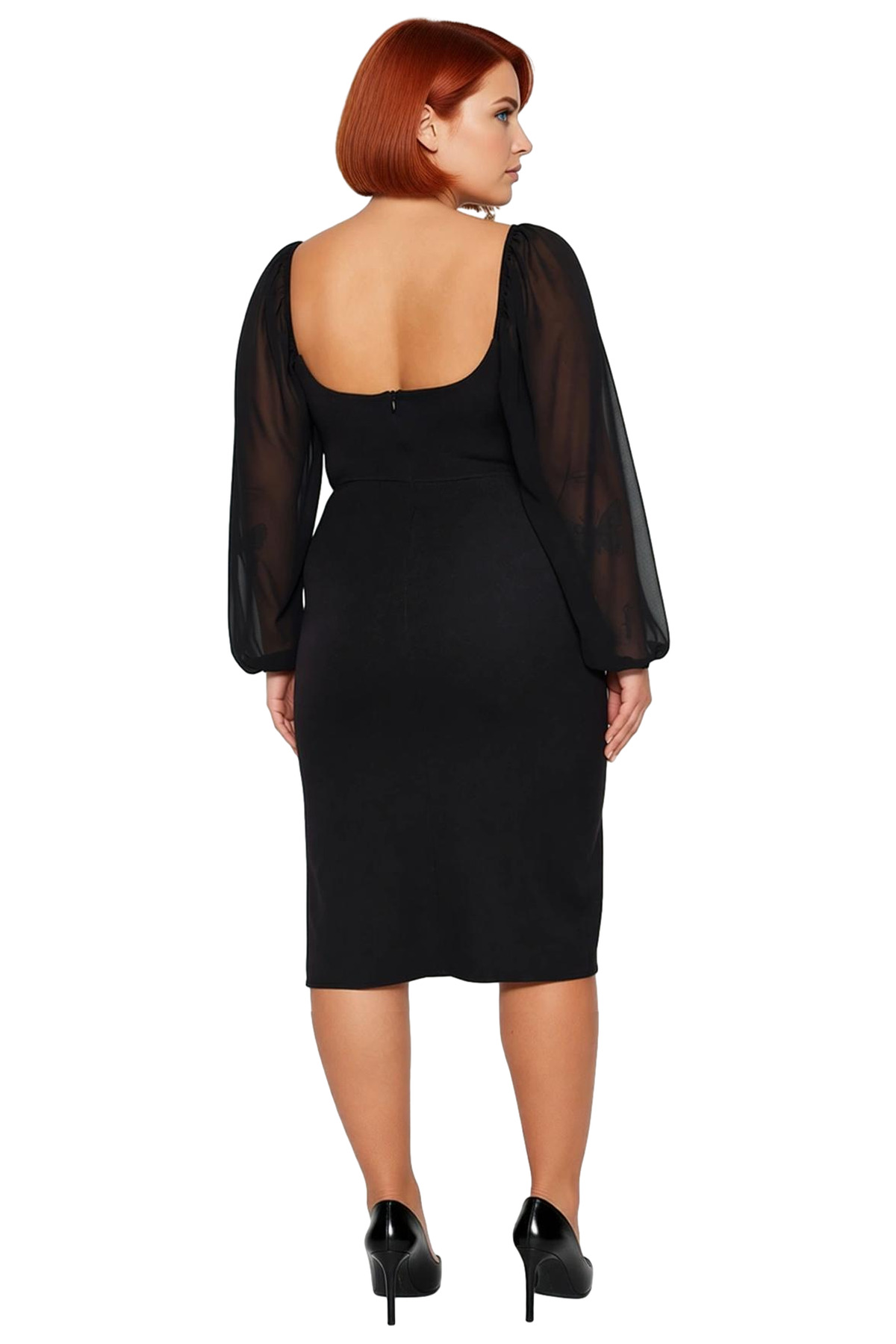 Kadın Büyük Beden Bodycon Midi V Yaka Uzun Kol Dokuma Krep Şık Elbise İlkbahar Sonbahar Özel