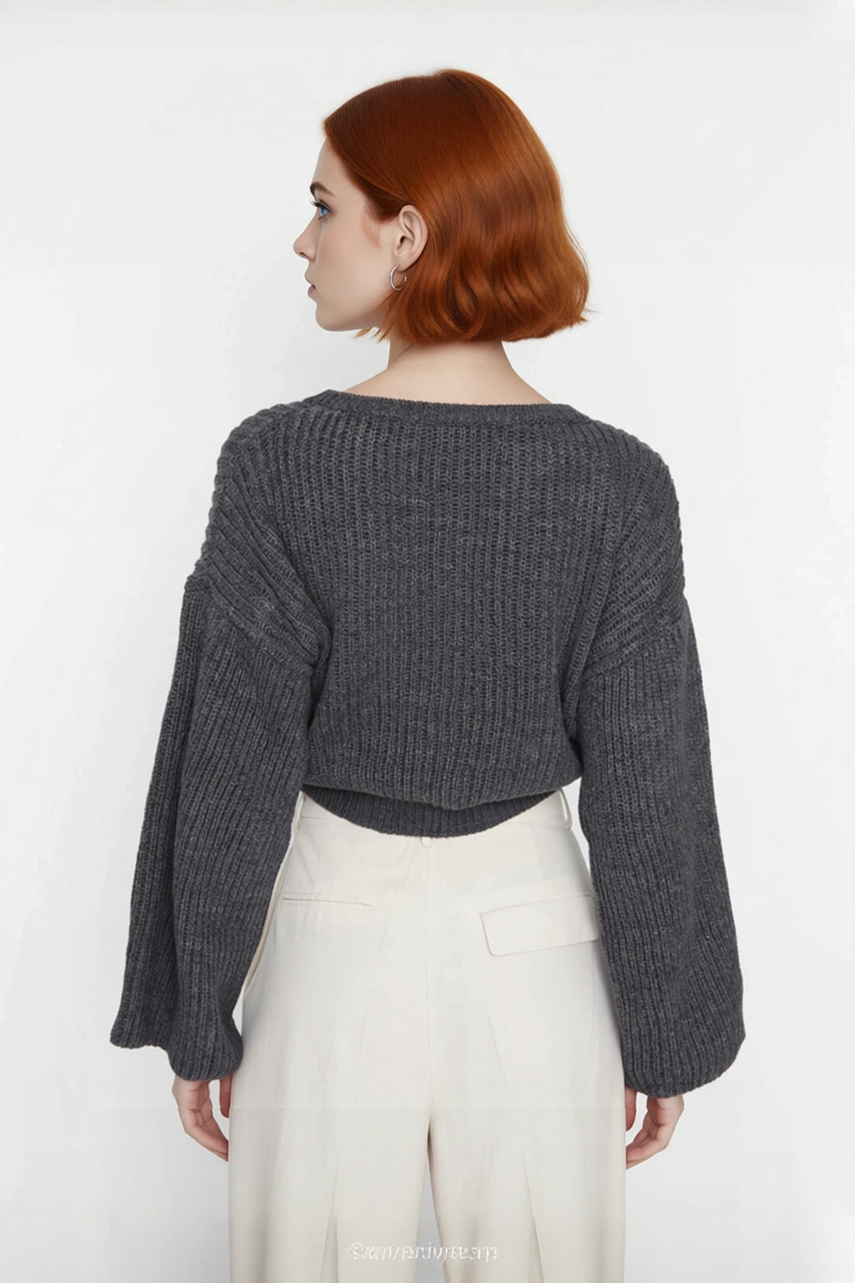 Kadın Oversize Gri Akrilik Selanik Dokuma Super Crop İspanyol Kol Triko Kazak Günlük Stilinize