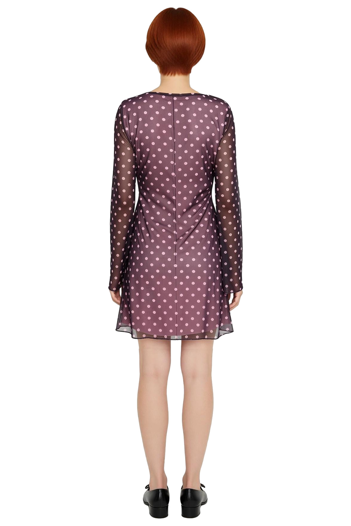 Kadın Mürdüm Puantiyeli Tül Bodycon Mini Elbise Kayık Yaka Uzun Kol Cool Rahat Şık Tasarım