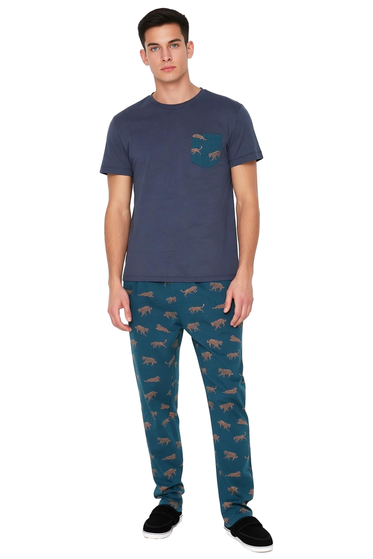 Erkek Animal Desenli Bisiklet Yaka Pamuklu Pijama Takımı Fonksiyonel Dayanıklı Kaliteli Şık