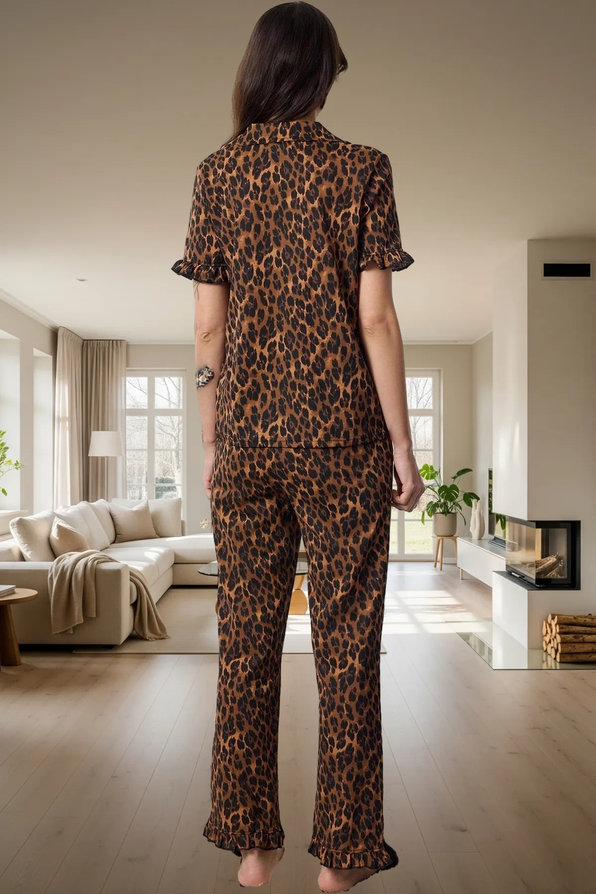 Kadın Gömlek Yaka Kısa Kollu Pijama Takımı Fonksiyonel Dayanıklı Kaliteli Konforlu Estetik