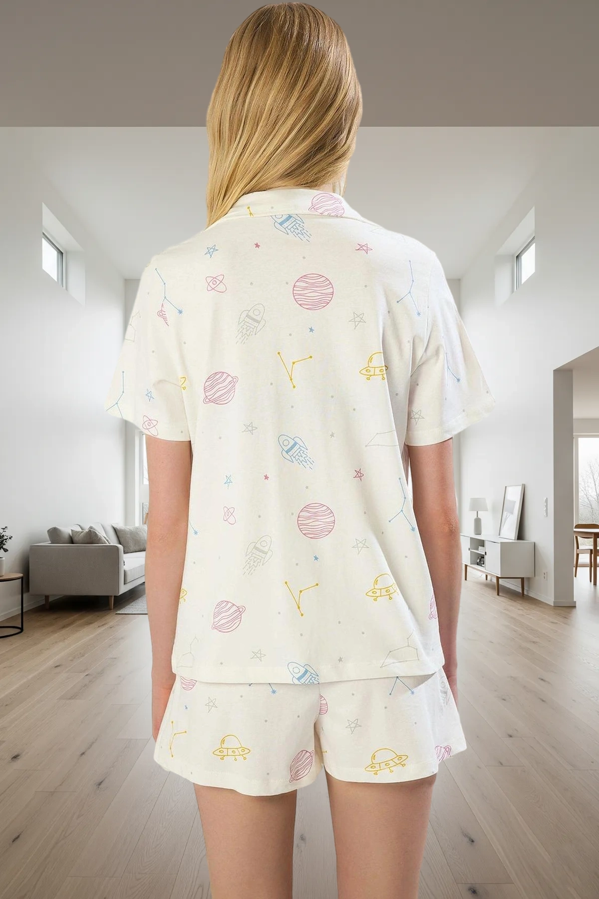 Kadın Pamuklu Galaksi Desenli Kısa Kollu Pijama Takımı Rahat Ev Giyim Seti Mükemmel Uyum