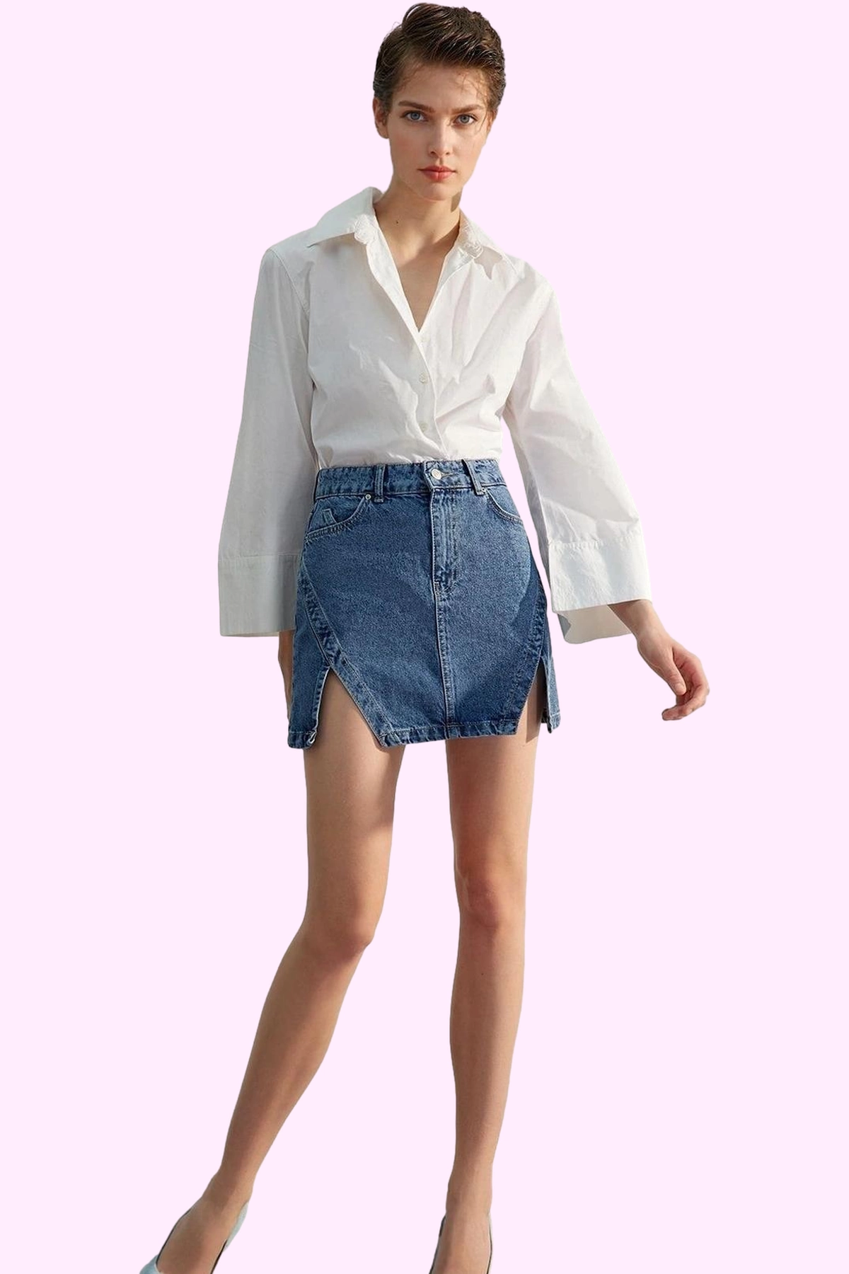 Kadın Denim Mini Etek A line Kalıp Yırtmaçlı Pamuklu Günlük Stil Yaz Aylarının Vazgeçilmezi