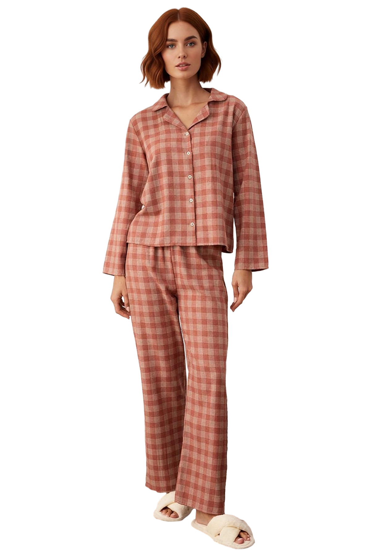 Kadın Ekose Flanel Gömlek Pantolon Pijama Takımı Fonksiyonel Dayanıklı Kaliteli Konforlu Şık