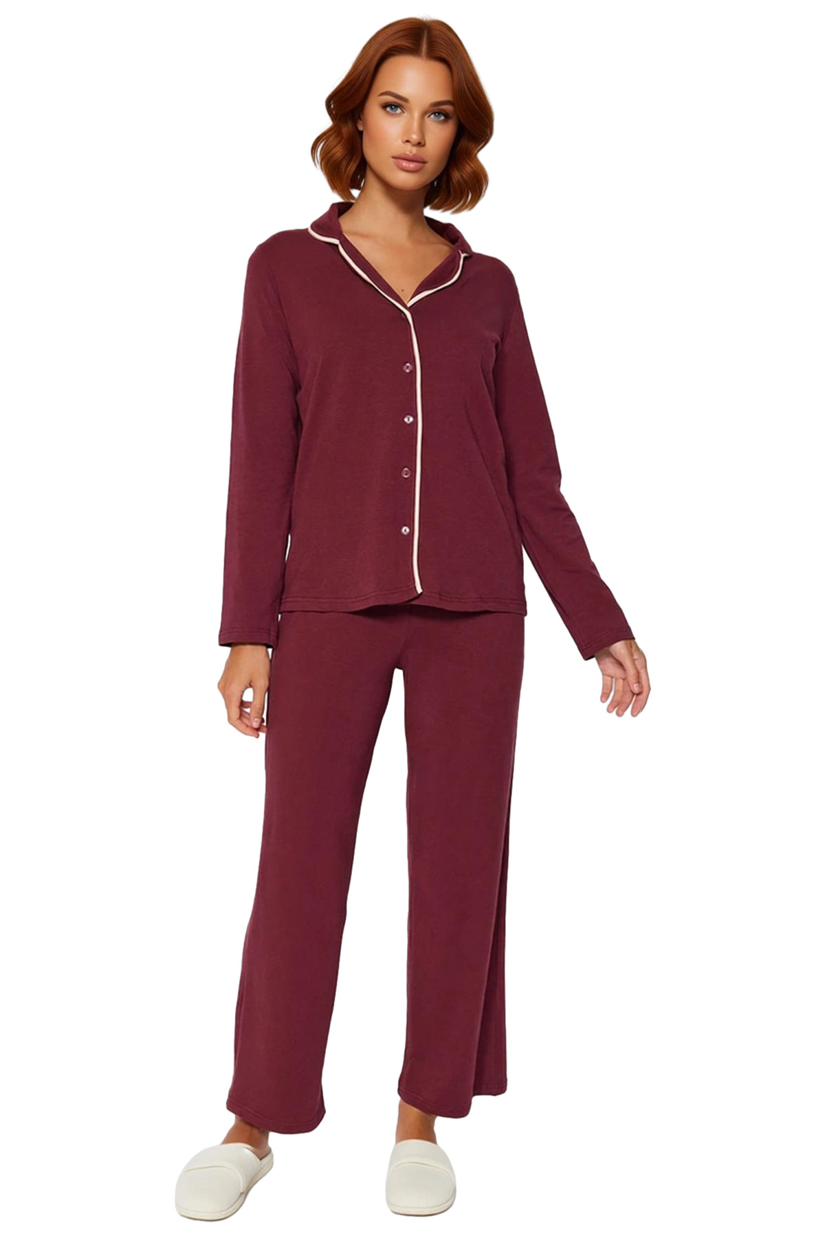 Kadın Biye Detaylı Gömlek ve Boru Paça Pijama Takımı Fonksiyonel Dayanıklı Kaliteli Modern