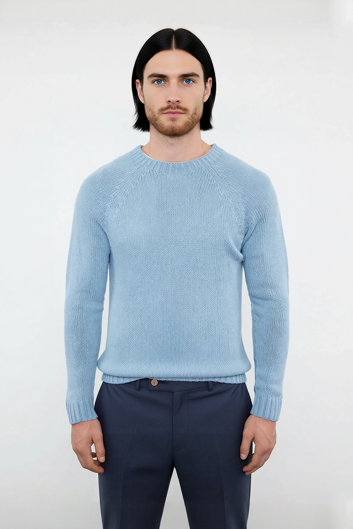Erkek Fitted Kalıp Bisiklet Yaka Seamless Reglan Kol Basic Triko Kazak Sonbahar Kış Şıklığı