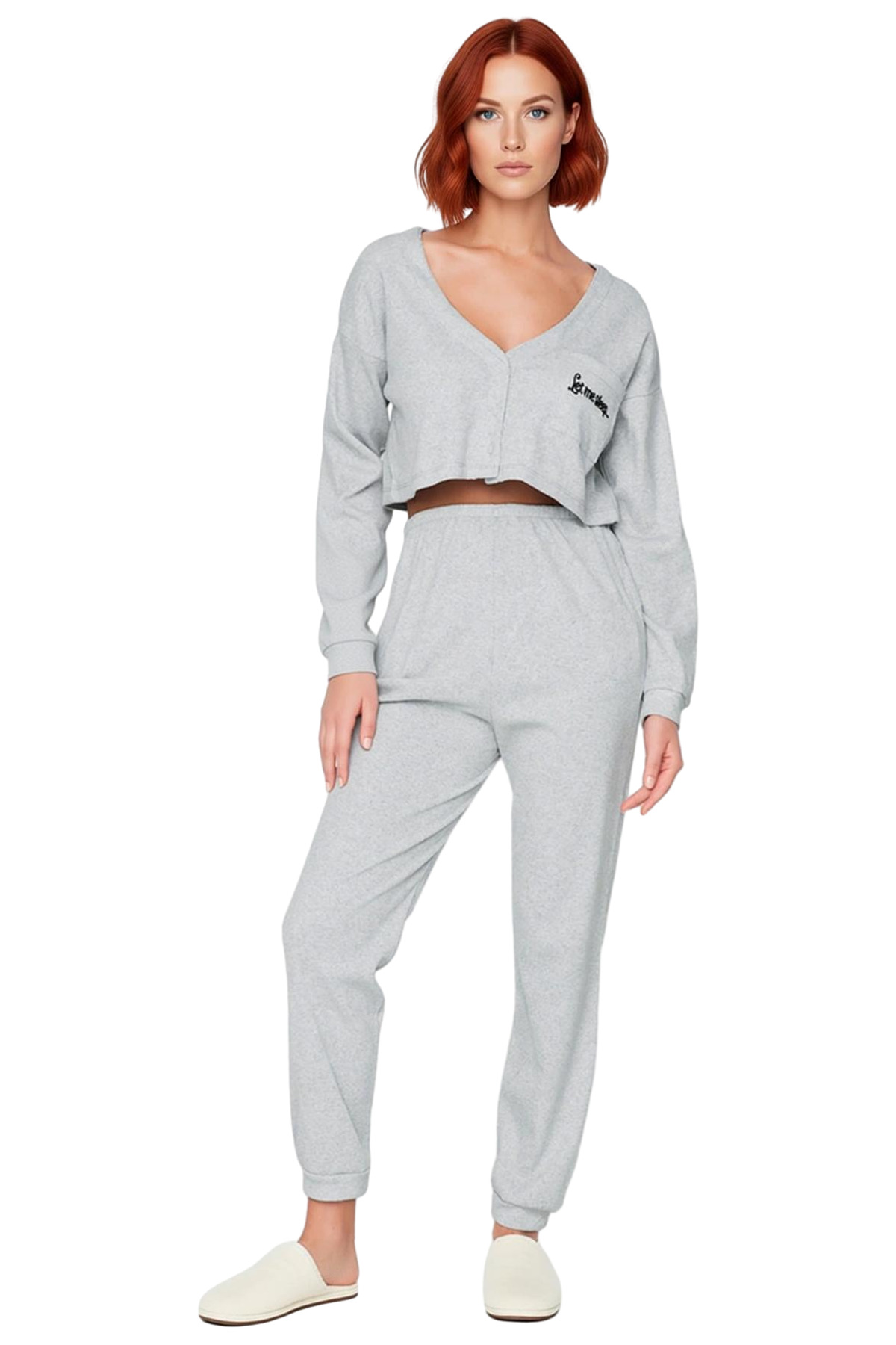 Kadın Nakışlı V Yaka Düşük Kol Örme Pijama Takımı Fonksiyonel Dayanıklı Kaliteli Konforlu Şık