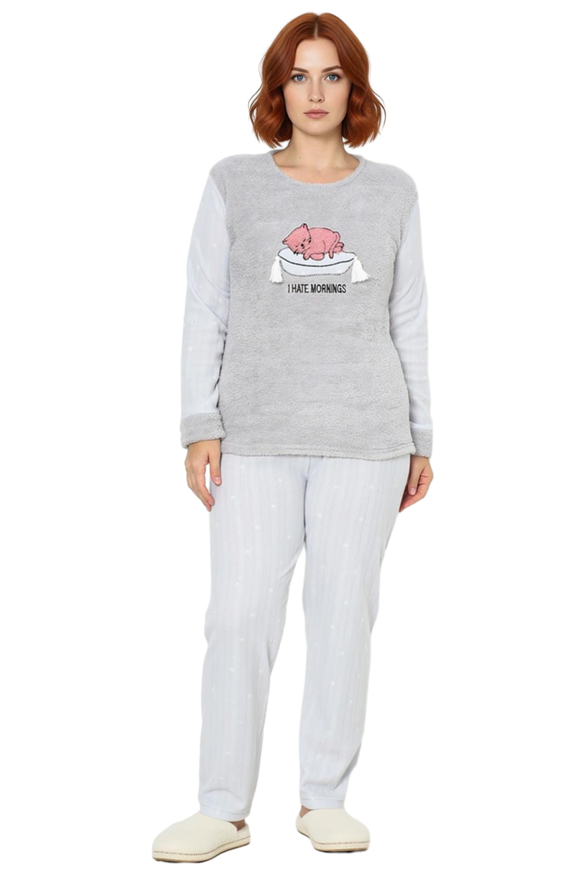 Kadın Kedi Baskılı Polar Pijama Takımı Fonksiyonel Dayanıklı Kaliteli Konforlu Estetik Şık