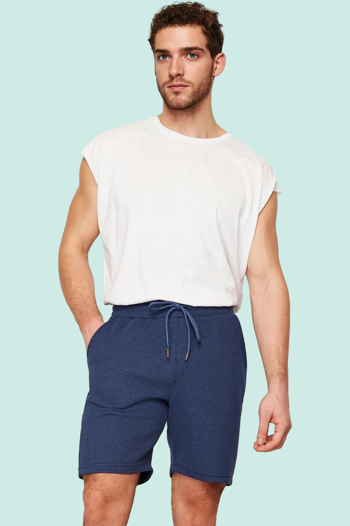 Erkek Moda Kısa Boy Normal Bel Geniş Paça Örme Şort Rahat Günlük Stil Yazlık Şort