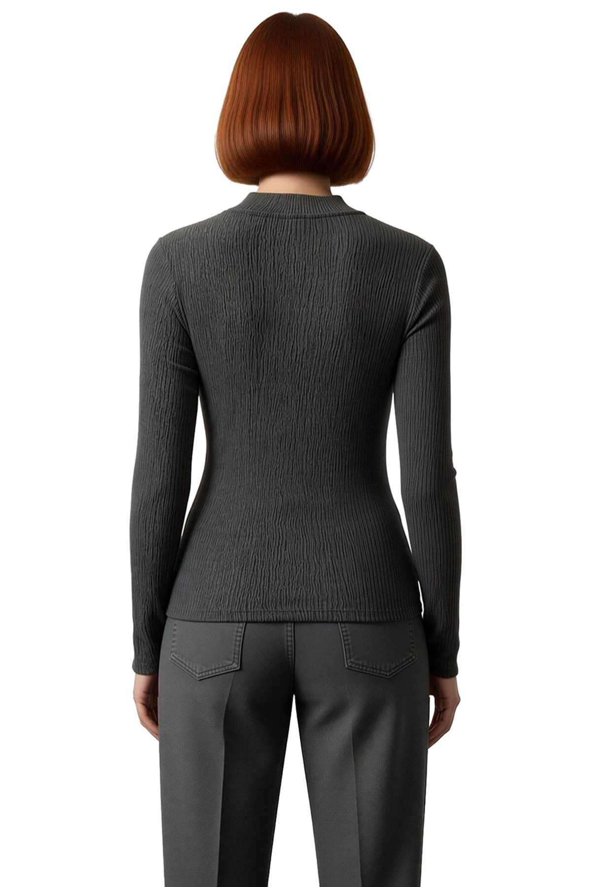 Kadın Dik Yaka Büzgülü Drape Detaylı Uzun Kollu Regular Kalıp Örme Bluz Cool & Comfort Kışlık