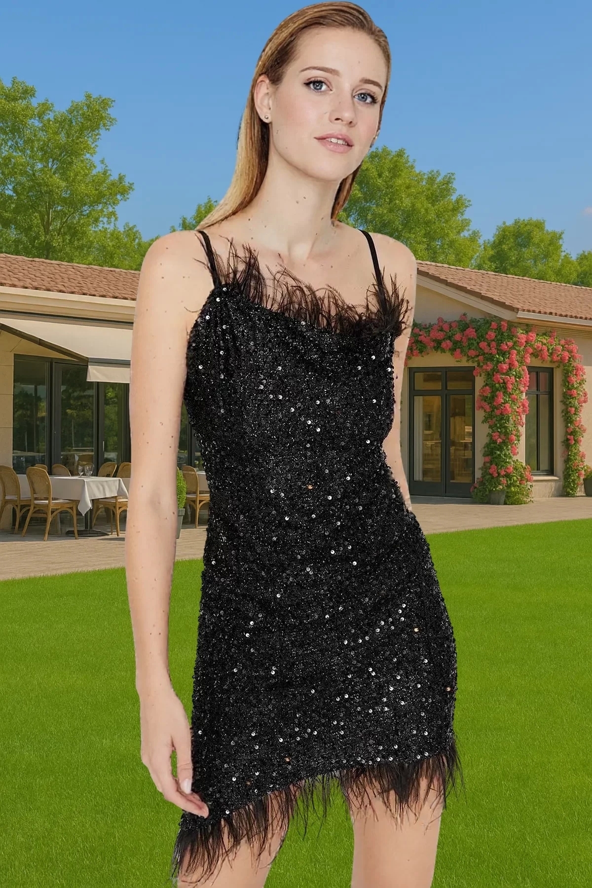 Kadın Payetli Mini Abiye Elbise Örme Polyester Kumaş Kare Yaka Özel Günler Günlük Kullanım