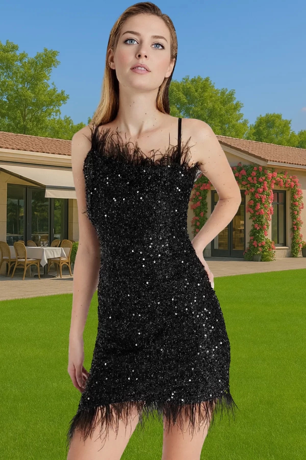 Kadın Payetli Mini Abiye Elbise Örme Polyester Kumaş Kare Yaka Özel Günler Günlük Kullanım