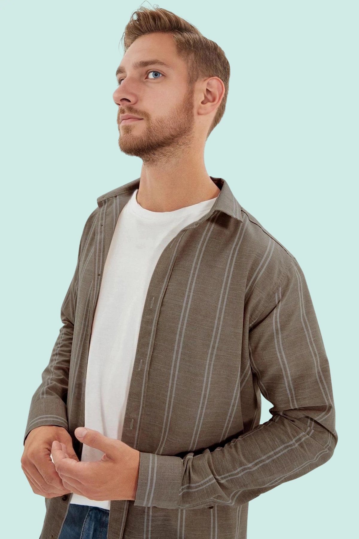 Erkek Çizgili Düğmeli Yaka Uzun Kollu Slim Fit Gömlek Modern Şıklık İdeal Seçim Günlük Konfor