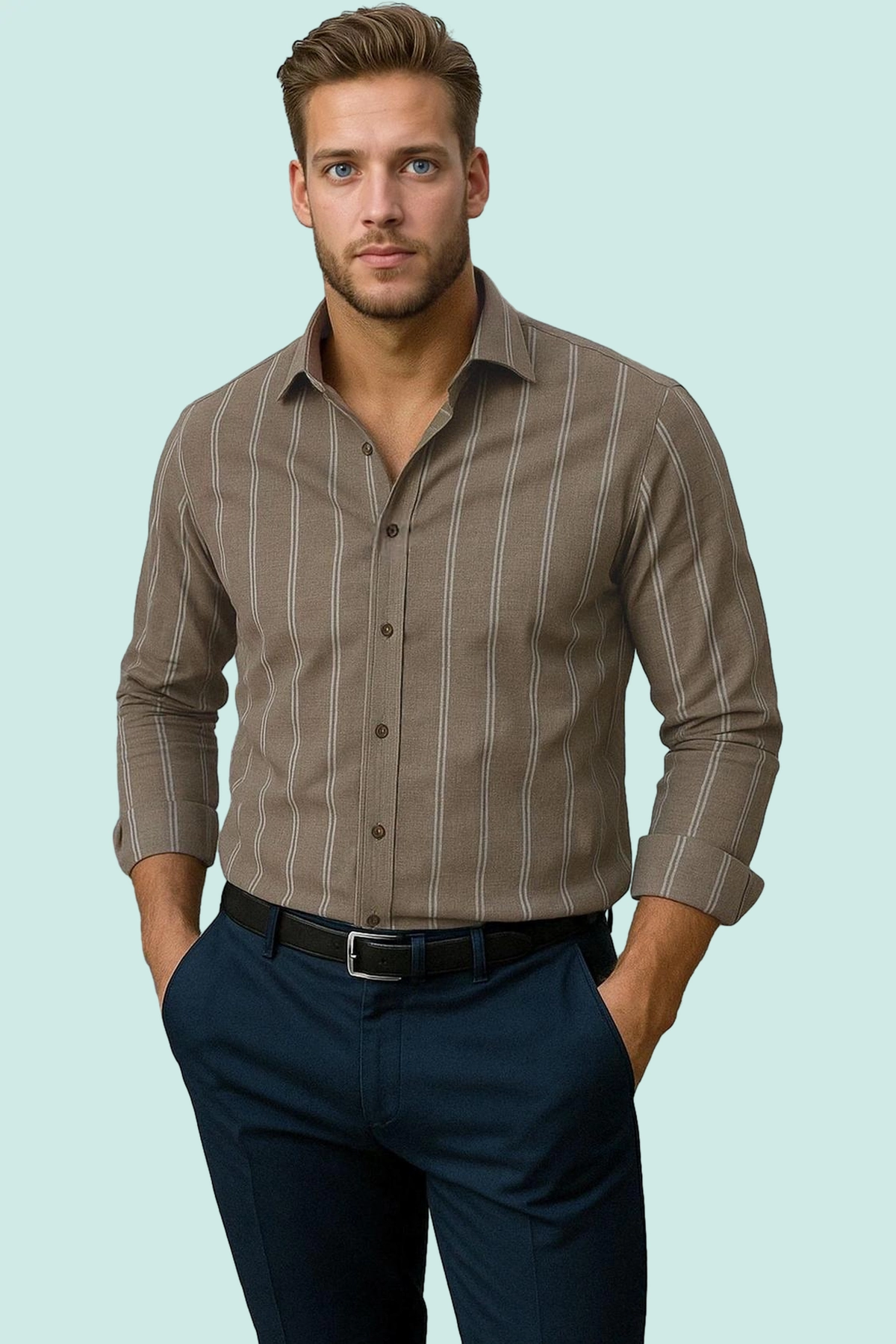 Erkek Çizgili Düğmeli Yaka Uzun Kollu Slim Fit Gömlek Modern Şıklık İdeal Seçim Günlük Konfor