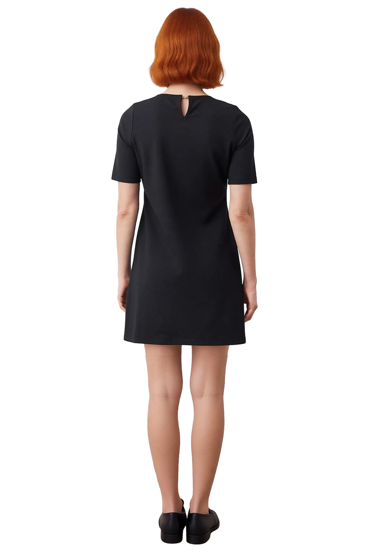 Kadın Siyah A line Mini Elbise Dik Yaka Kısa Truvakar Kol Günlük Kullanım İçin Şık Detaylı