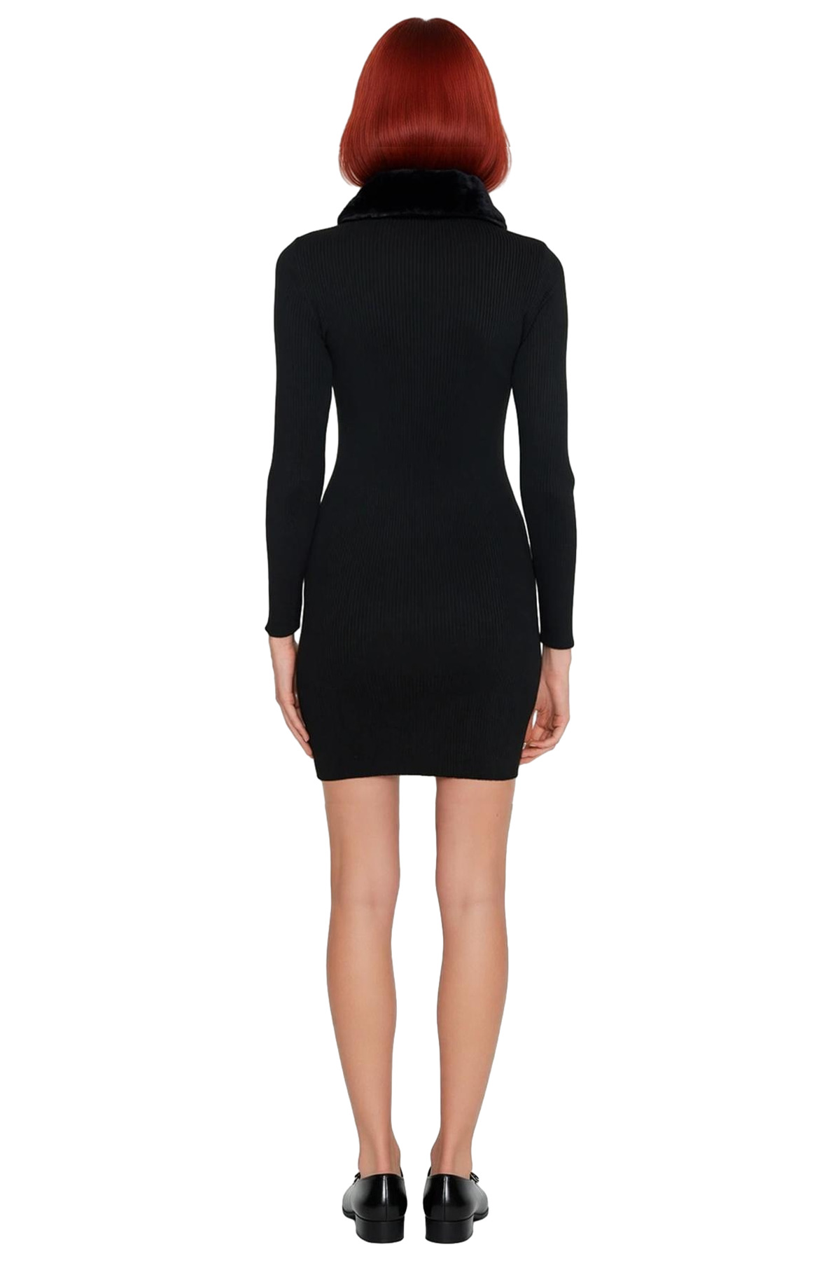 Siyah Kadın Bodycon Triko Mini Elbise Fermuarlı Polo Yaka Uzun Standart Kollu Suni Kürk Detaylı