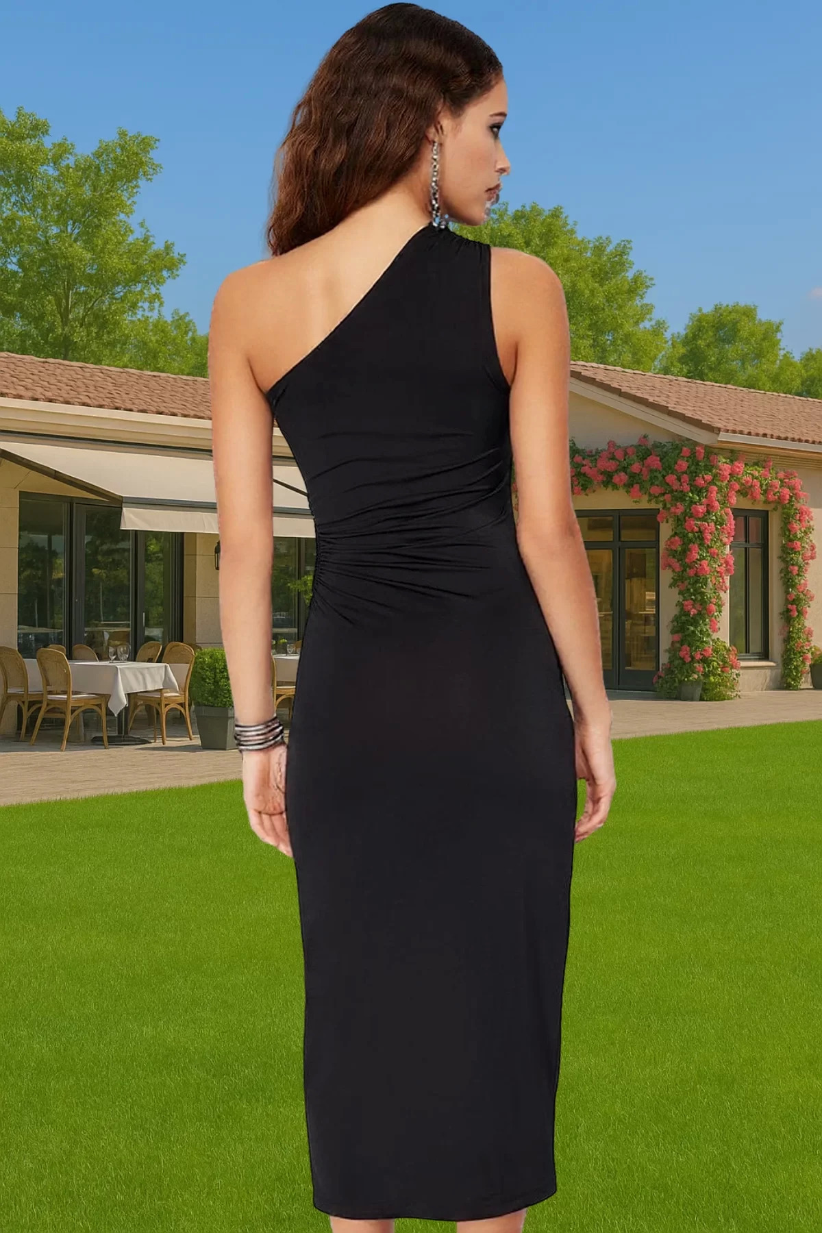 Kadın Tek Omuz Midi Boy Örme Elbise Cut Out Detaylı Özel Günler İçin Yaz Aylarının Vazgeçilmezi